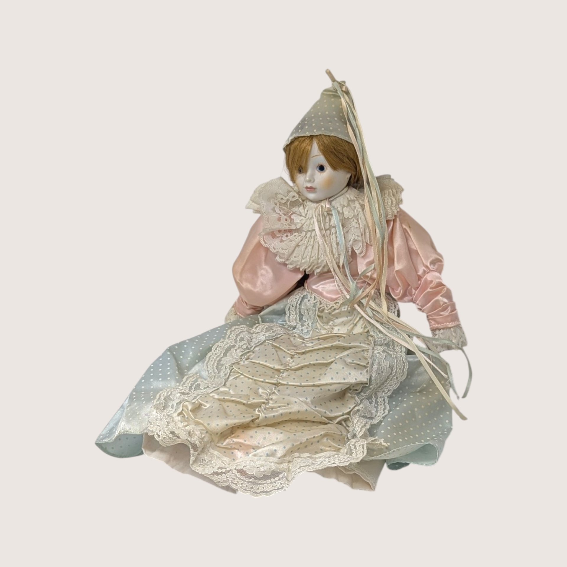 1980s Vintage Porcelain Harlequin Pierrot Doll Pair Pink Blue Satin