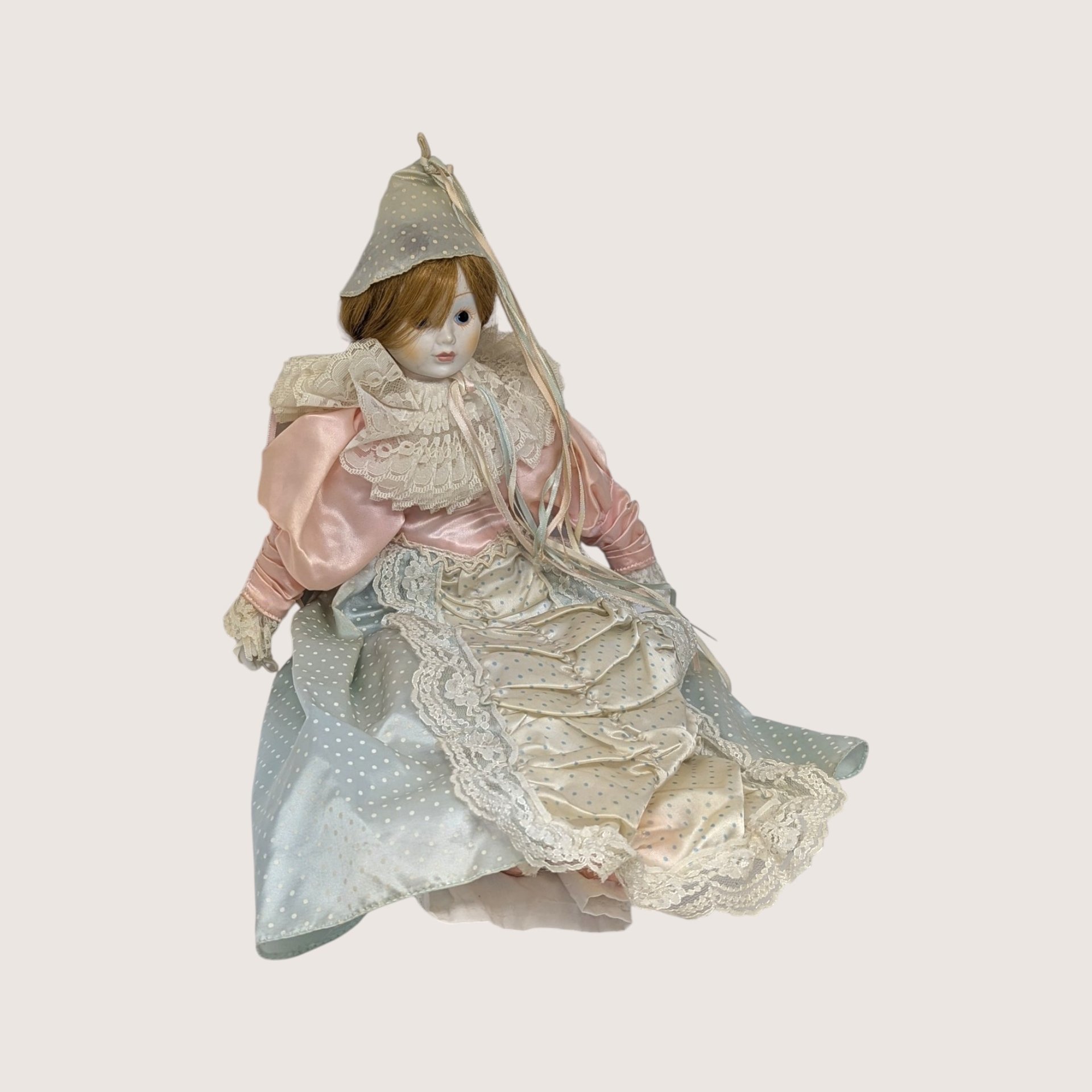 1980s Vintage Porcelain Harlequin Pierrot Doll Pair Pink Blue Satin