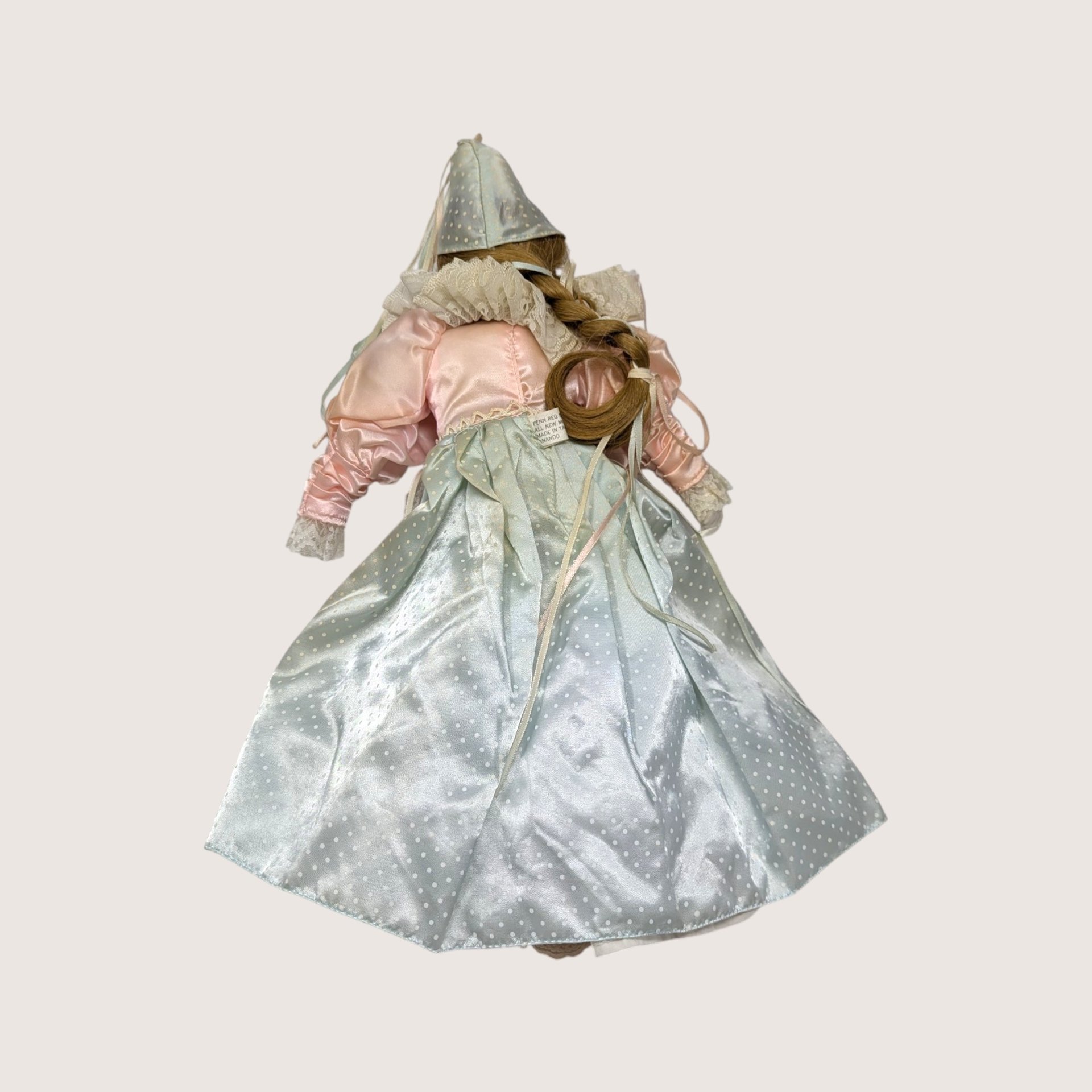 1980s Vintage Porcelain Harlequin Pierrot Doll Pair Pink Blue Satin