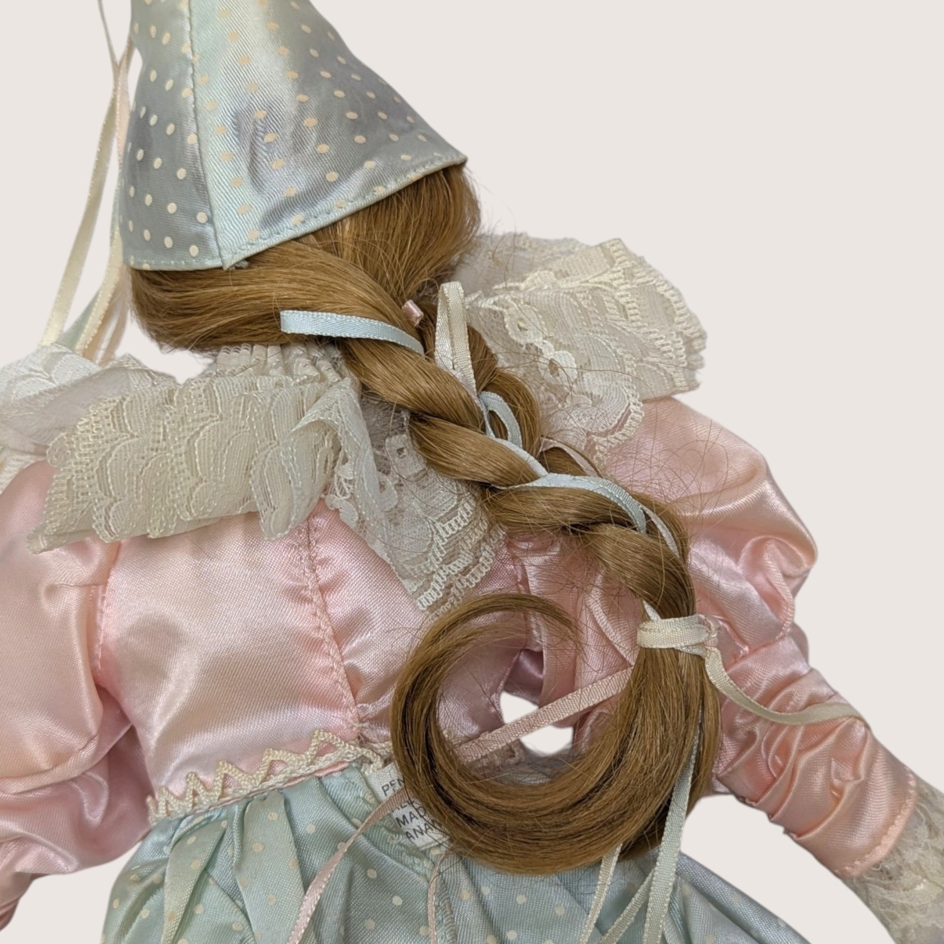 1980s Vintage Porcelain Harlequin Pierrot Doll Pair Pink Blue Satin