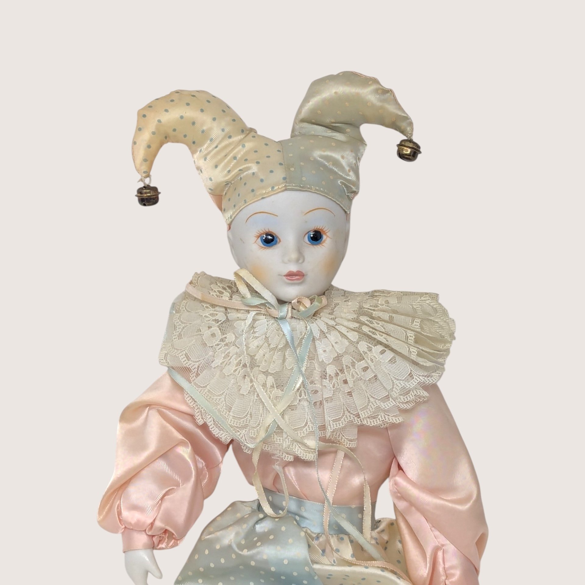 1980s Vintage Porcelain Harlequin Pierrot Doll Pair Pink Blue Satin
