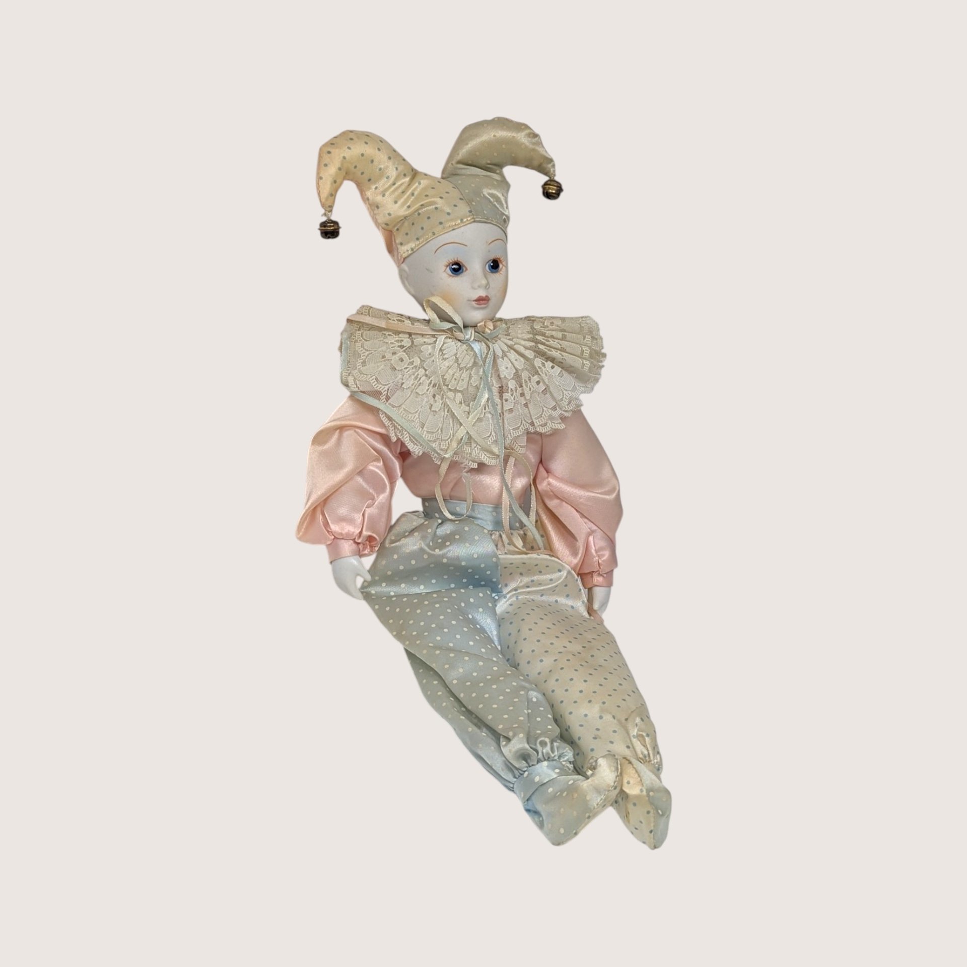 1980s Vintage Porcelain Harlequin Pierrot Doll Pair Pink Blue Satin