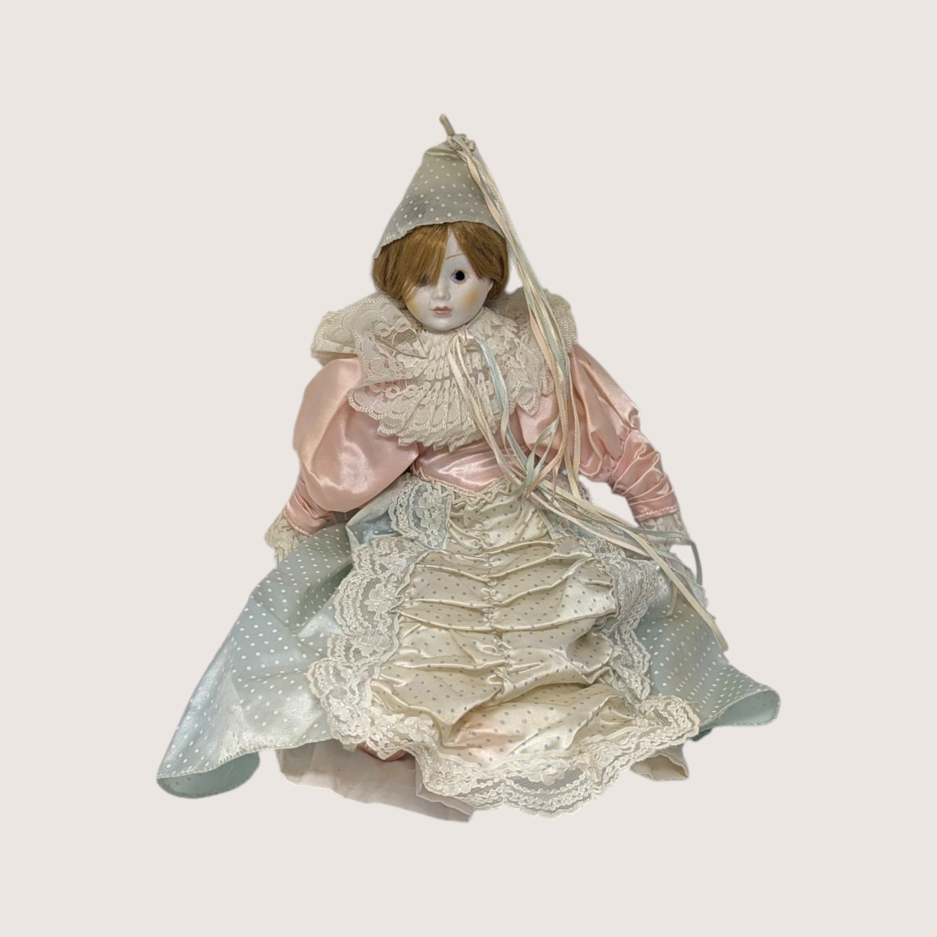 1980s Vintage Porcelain Harlequin Pierrot Doll Pair Pink Blue Satin