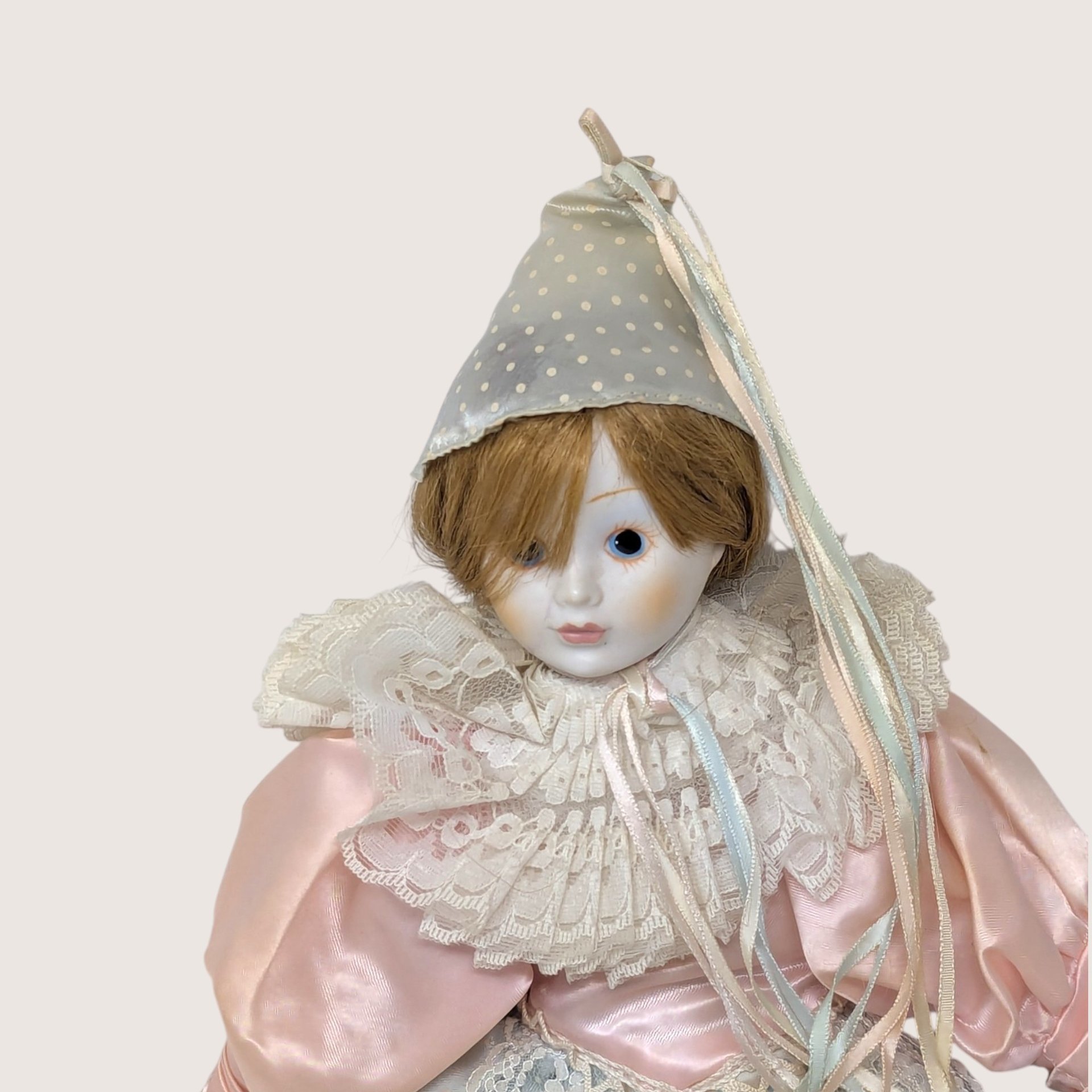 1980s Vintage Porcelain Harlequin Pierrot Doll Pair Pink Blue Satin