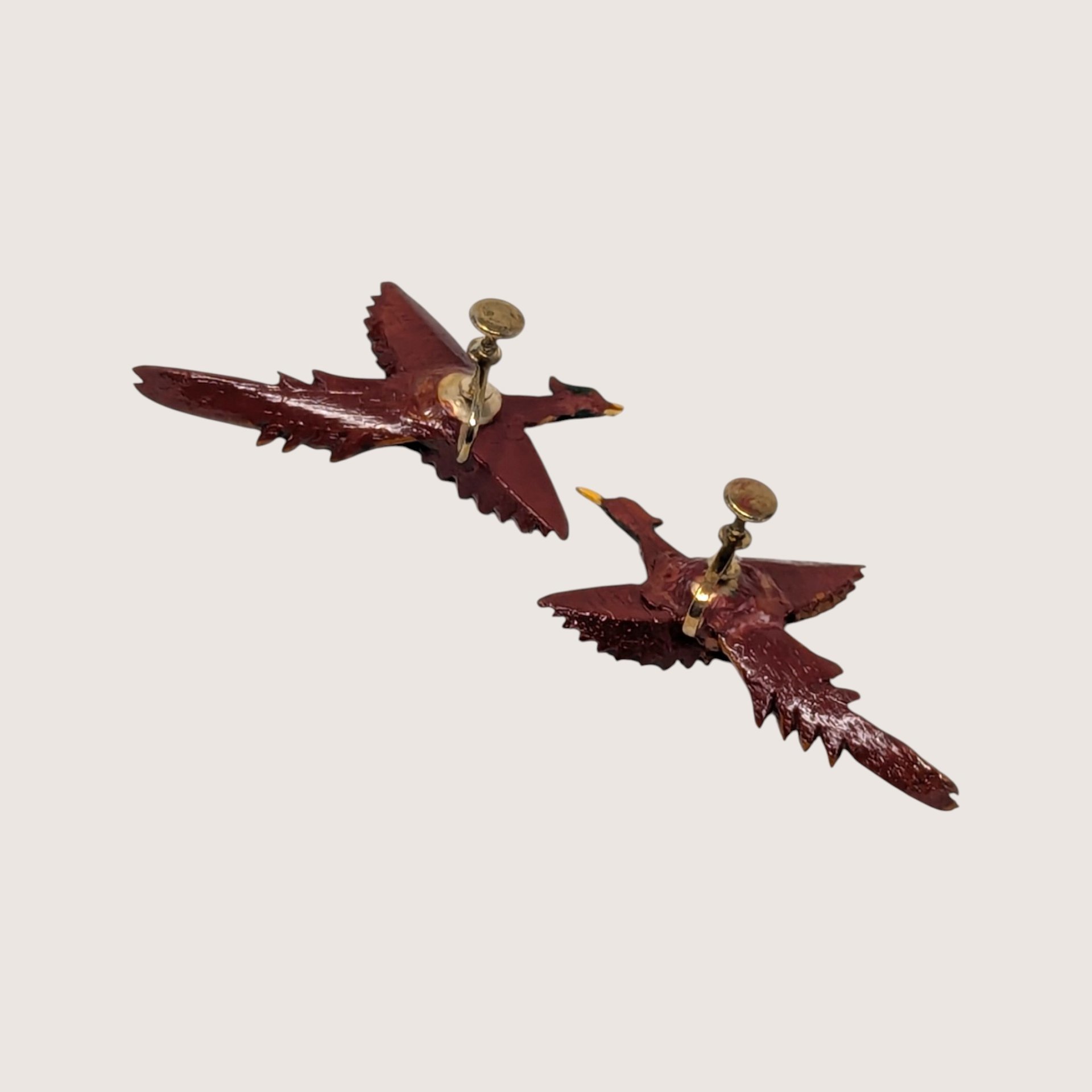 1950s Carved Wooden Pheasant Bird Screw Back Earrings
