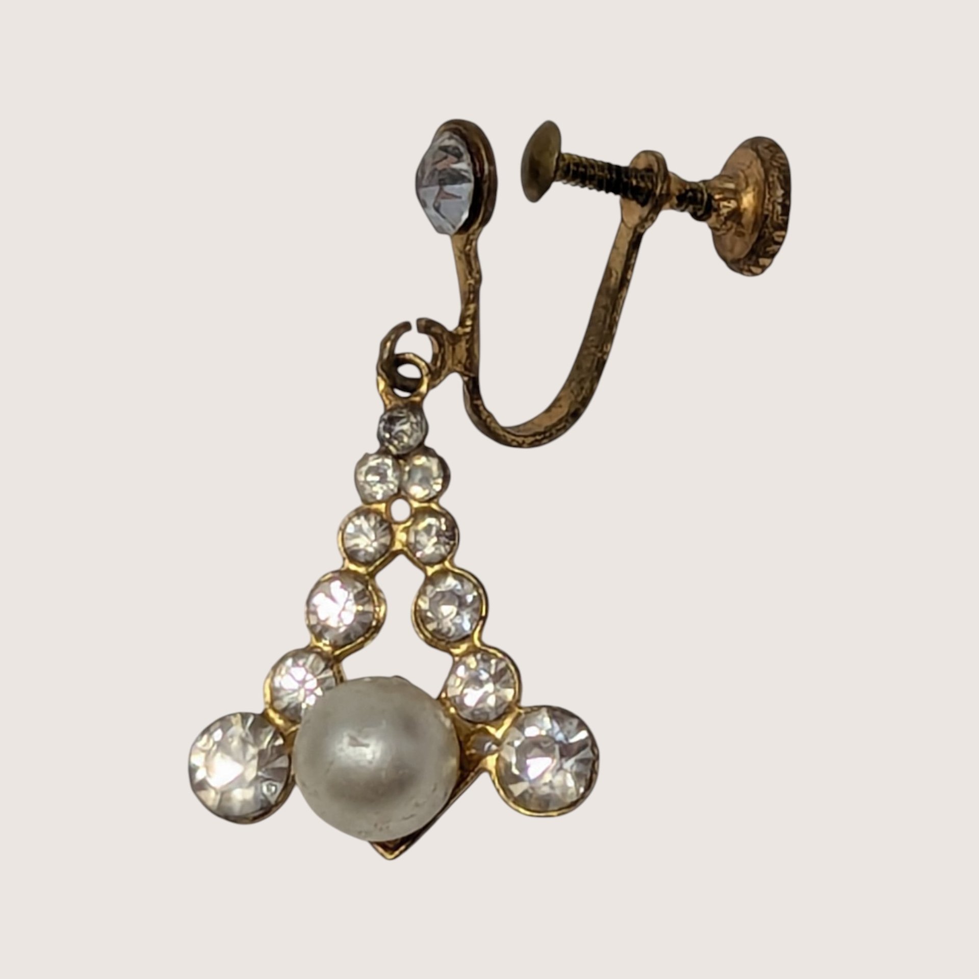 1950s Rhinestone Pearl Gold Tone Screw Back Dangle Earrings