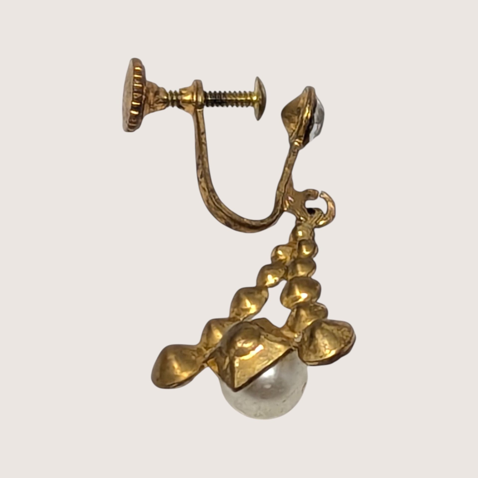 1950s Rhinestone Pearl Gold Tone Screw Back Dangle Earrings