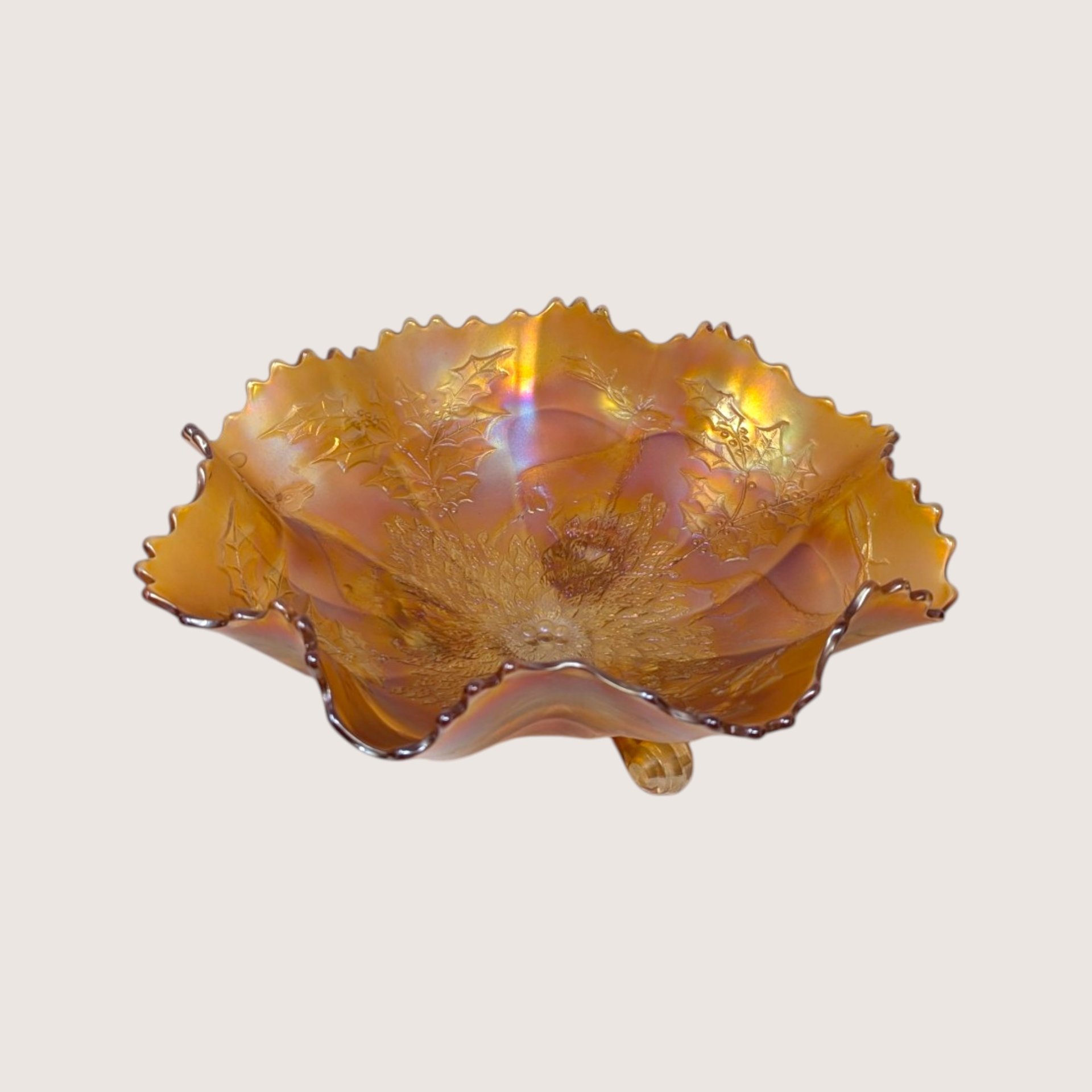 Antique Fenton Marigold Chrysanthemum Carnival Glass Footed Bowl