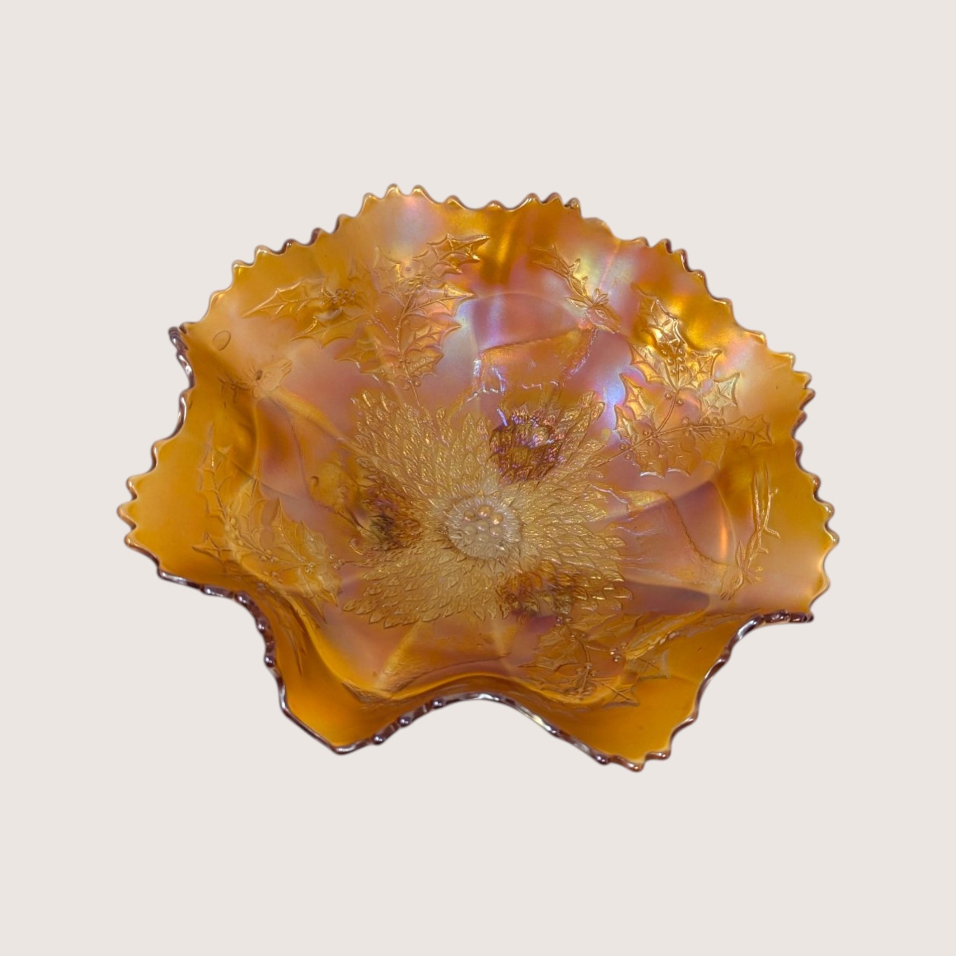 Antique Fenton Marigold Chrysanthemum Carnival Glass Footed Bowl