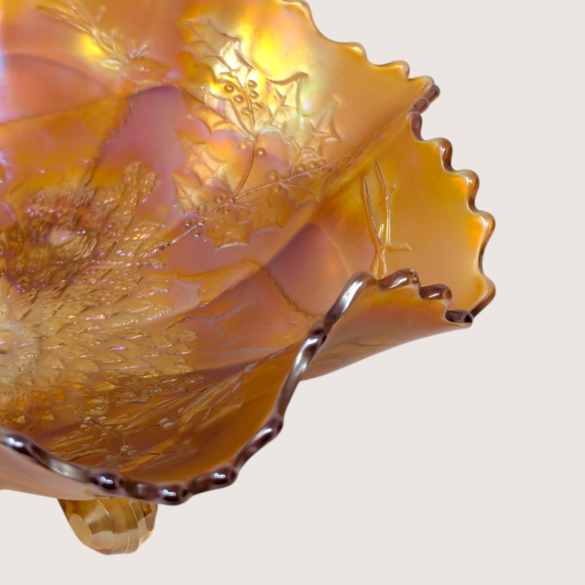 Antique Fenton Marigold Chrysanthemum Carnival Glass Footed Bowl