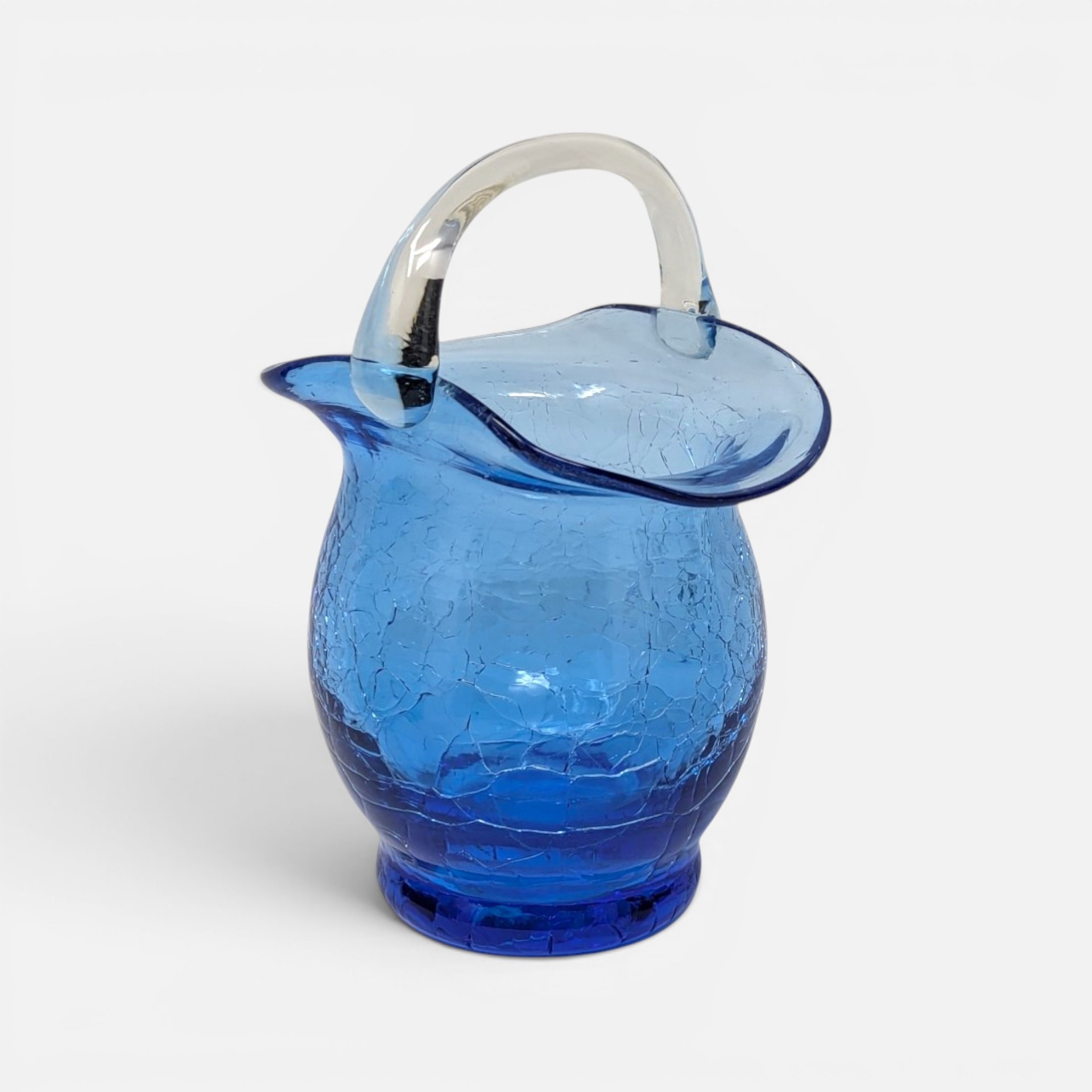 Vintage cobalt blue crackle glass miniature basket with applied clear arched handle and flared rim