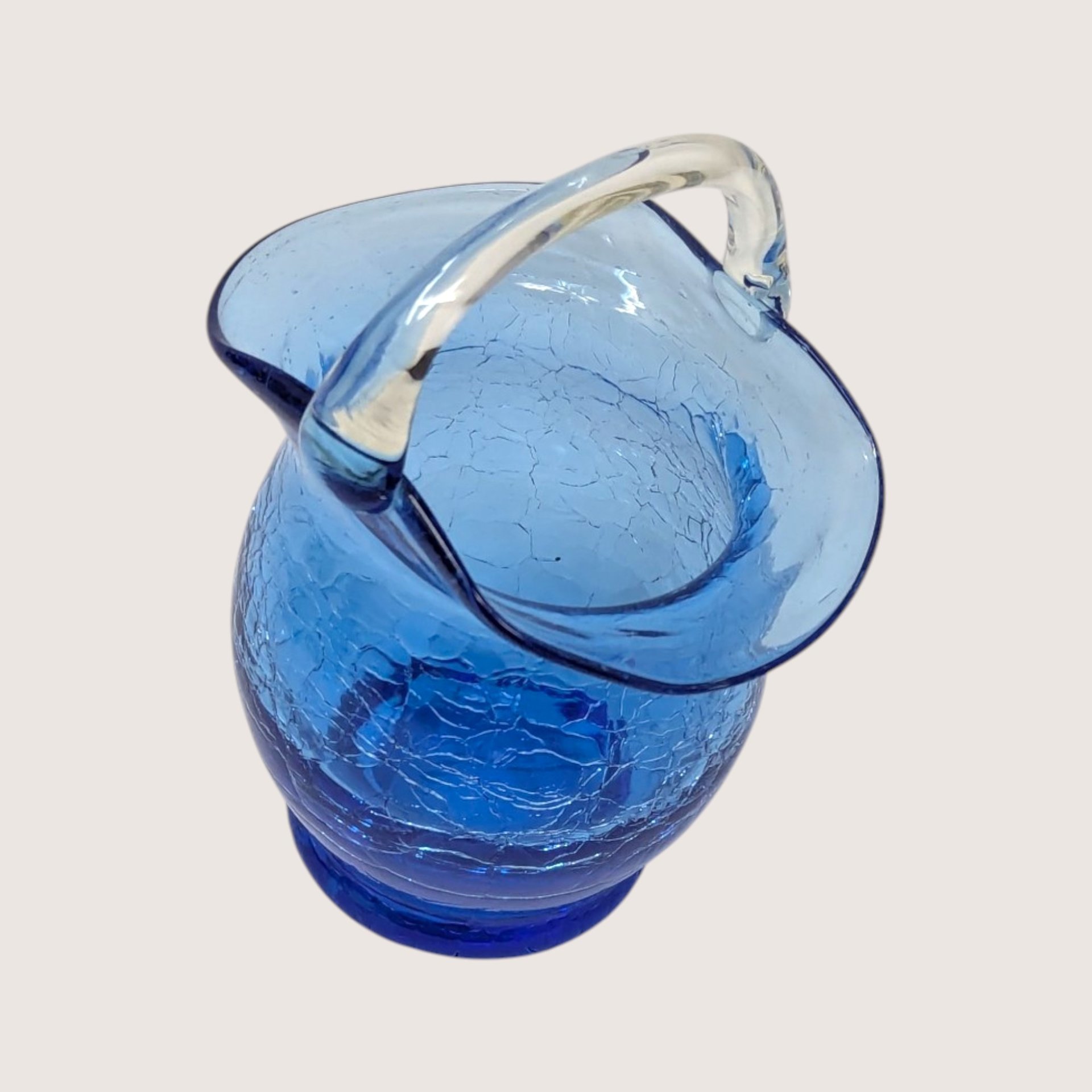 1960s Cobalt Blue Crackle Glass Mini Basket Clear Handle
