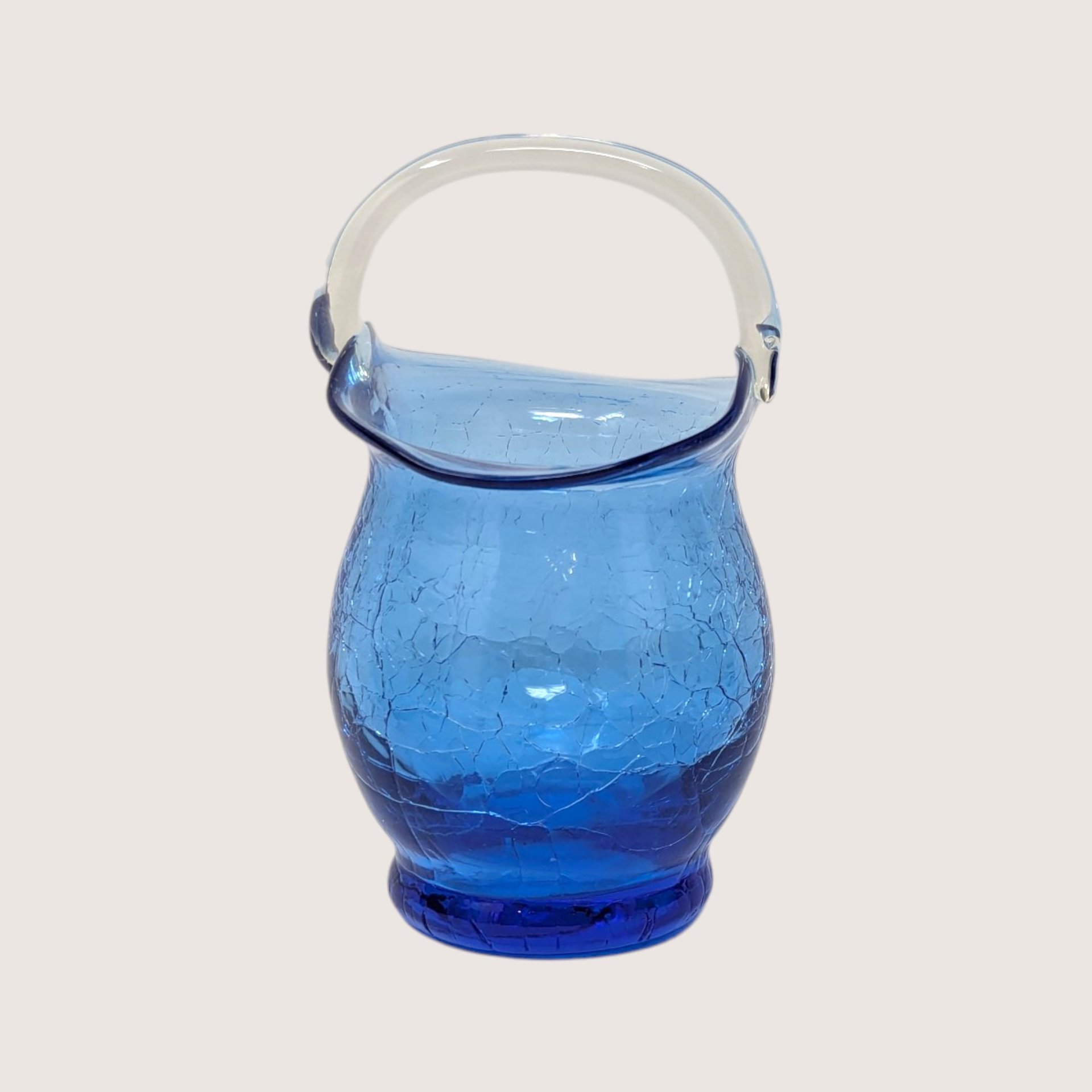 1960s Cobalt Blue Crackle Glass Mini Basket Clear Handle