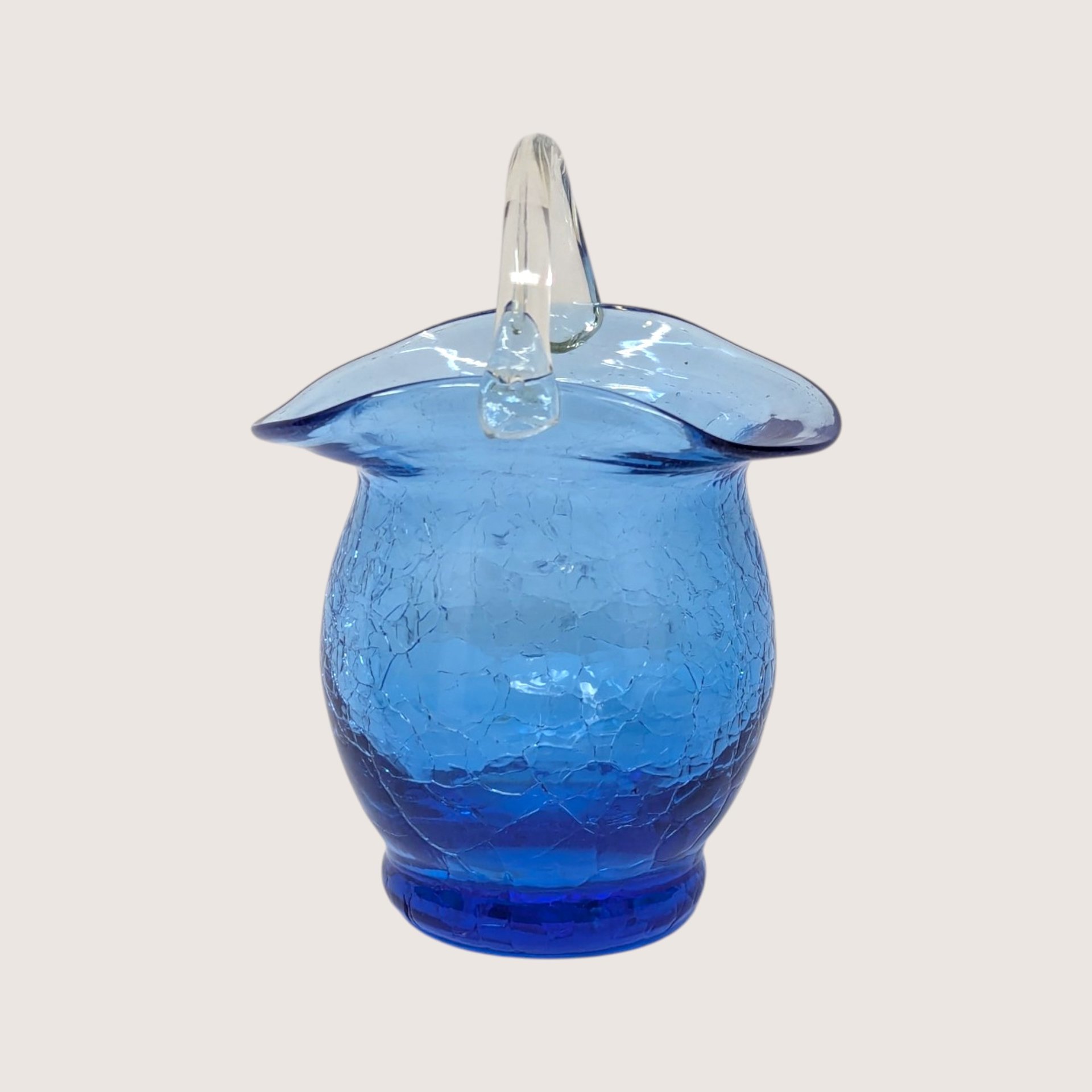 1960s Cobalt Blue Crackle Glass Mini Basket Clear Handle