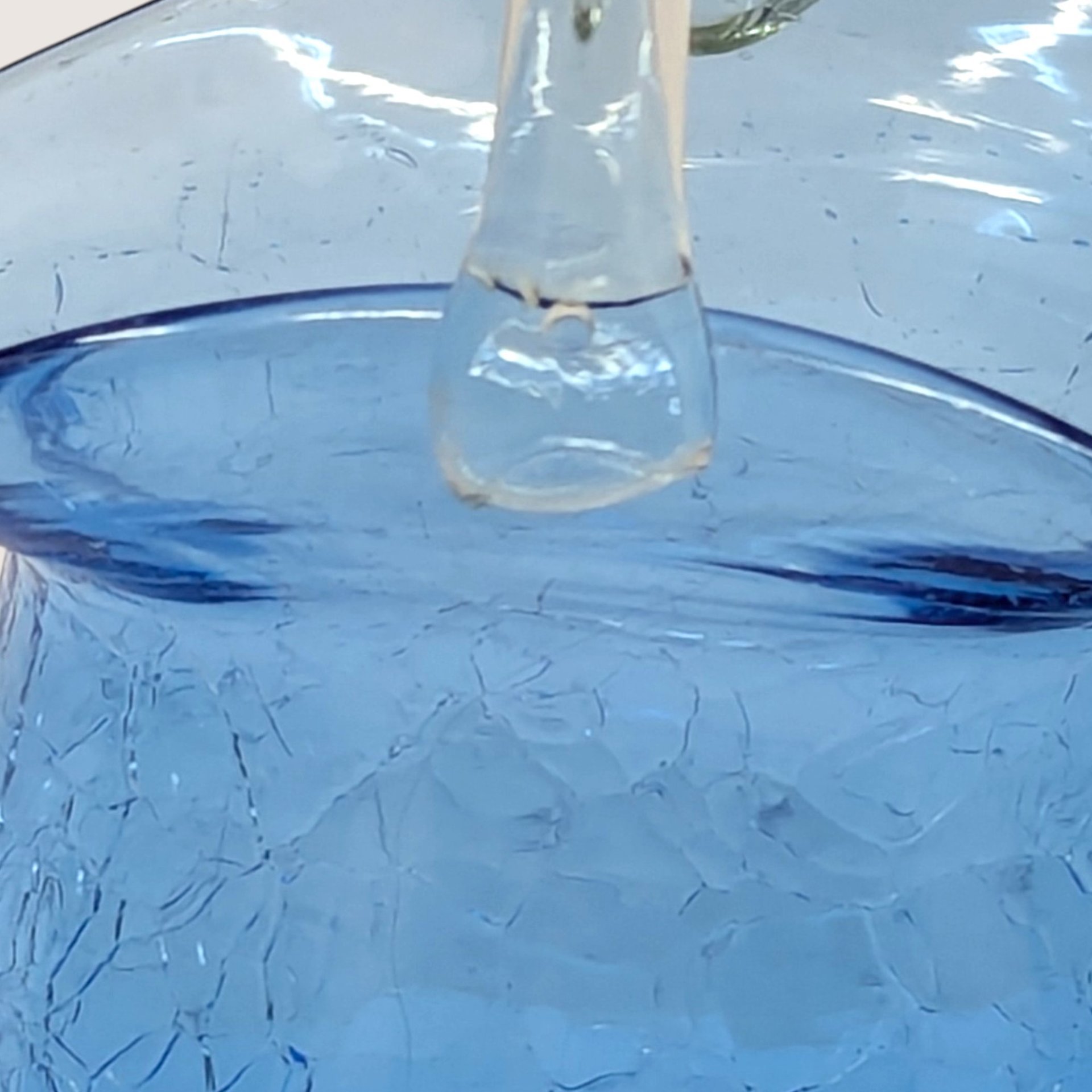 1960s Cobalt Blue Crackle Glass Mini Basket Clear Handle