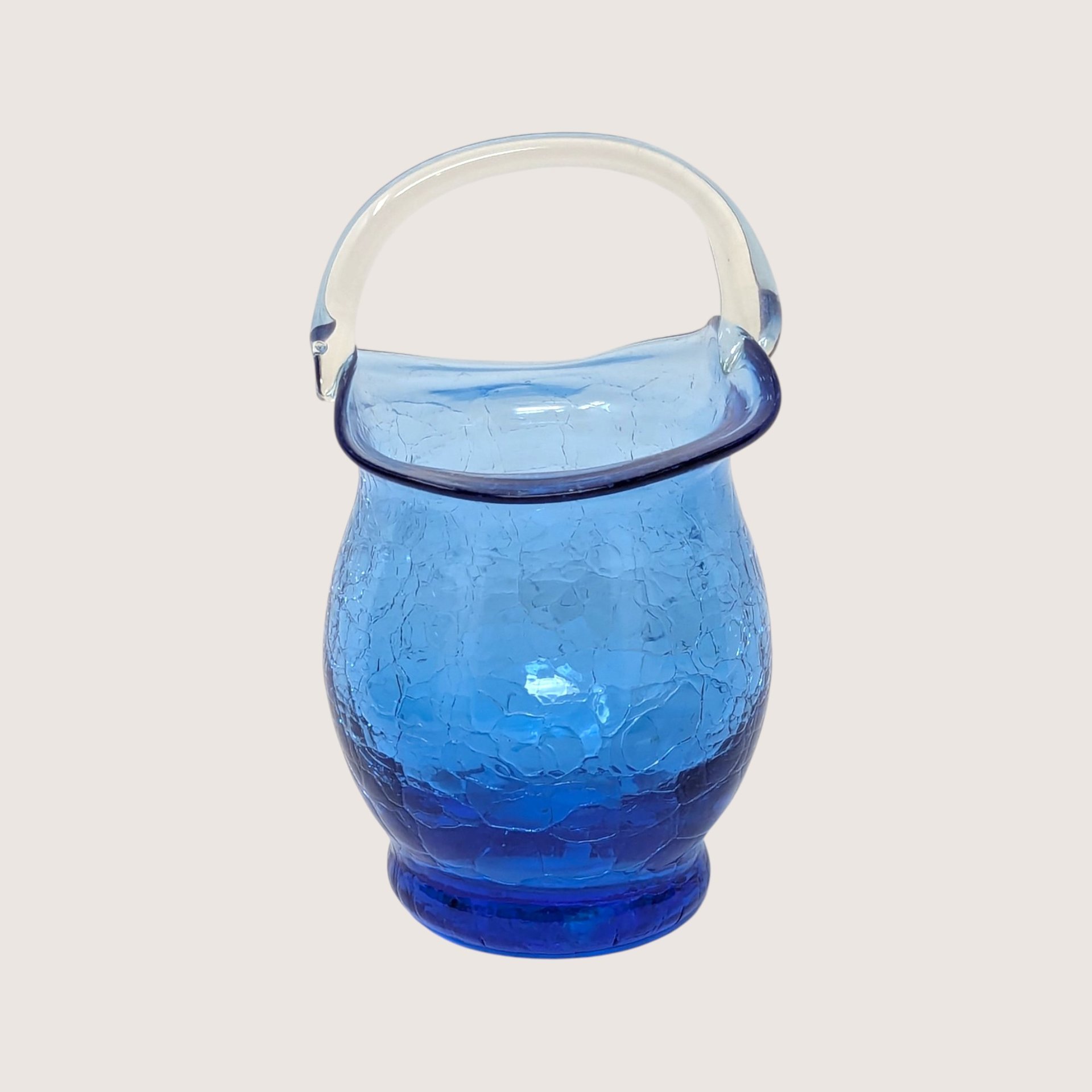 1960s Cobalt Blue Crackle Glass Mini Basket Clear Handle