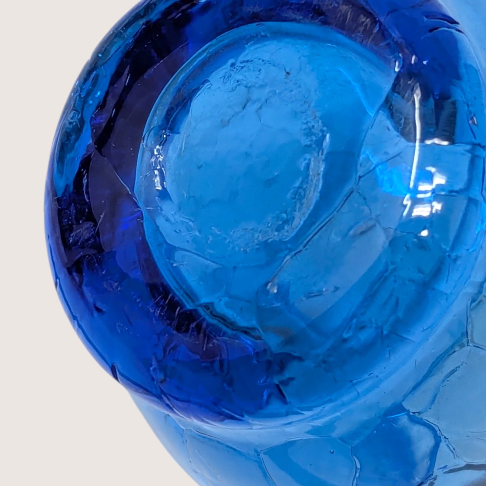 1960s Cobalt Blue Crackle Glass Mini Basket Clear Handle