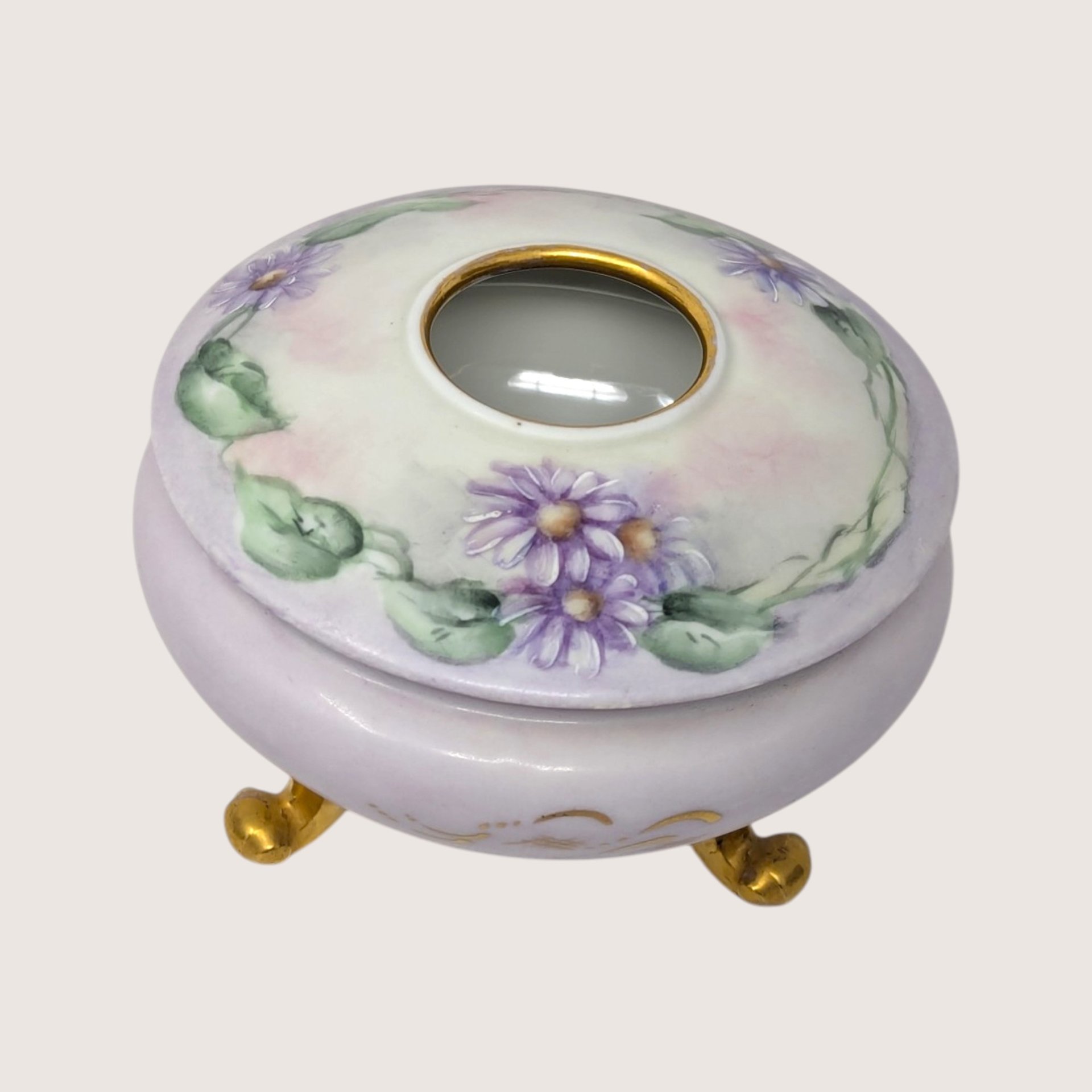 Antique Royal Austria Hand Painted Porcelain Footed Floral Hair Receiver
