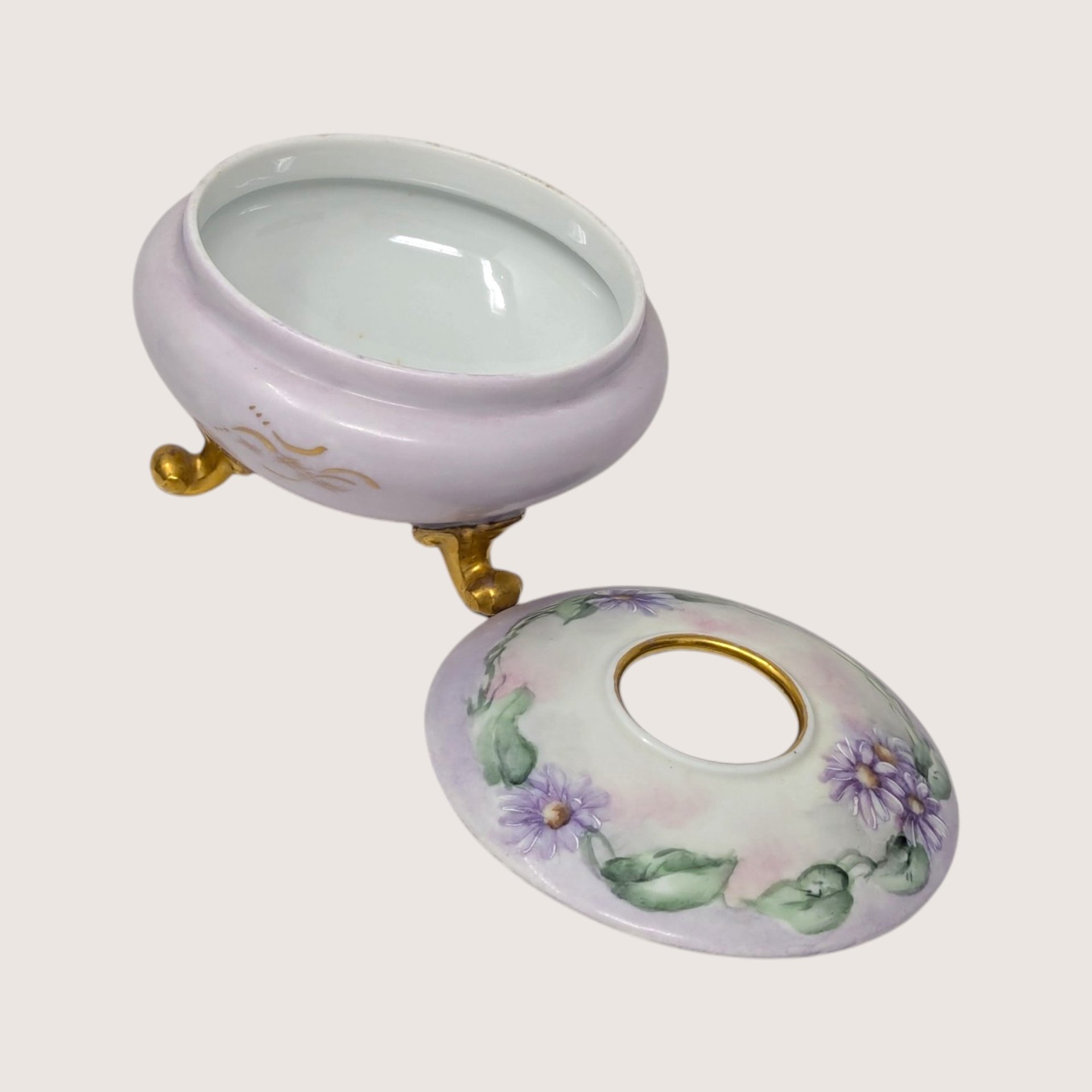 Antique Royal Austria Hand Painted Porcelain Footed Floral Hair Receiver
