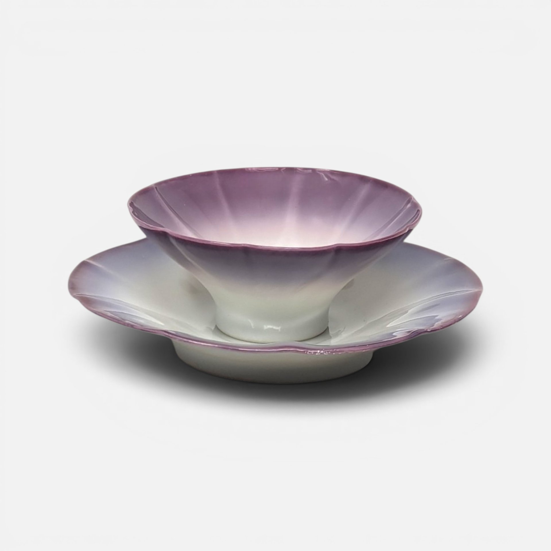 Antique Asian porcelain fluted condiment dish with attached saucer in lavender purple ombre glaze