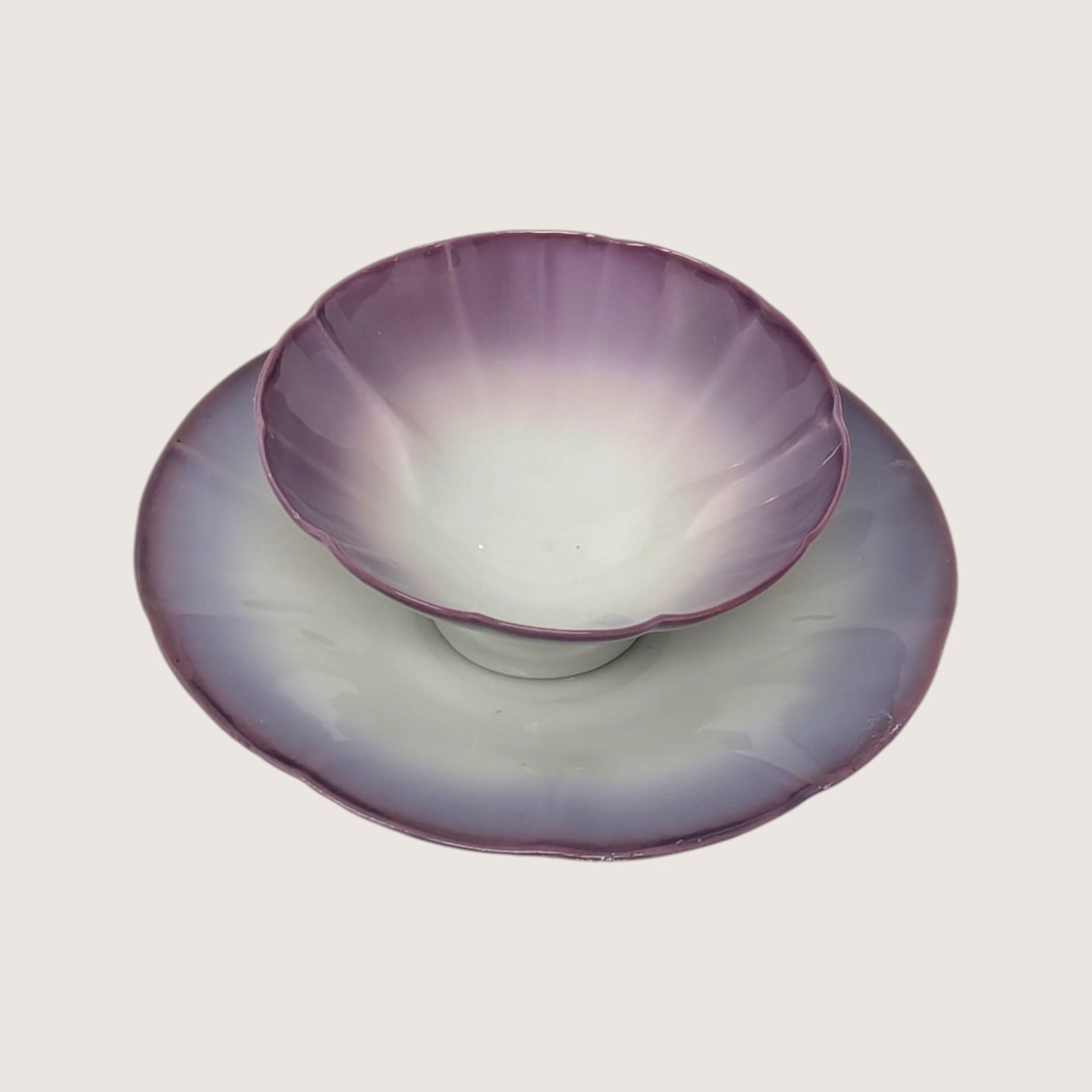 1920s Asian Porcelain Purple Ombre Fluted Condiment Dish Saucer Set