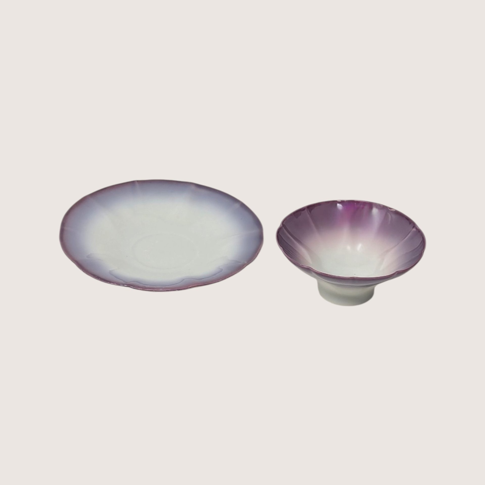 1920s Asian Porcelain Purple Ombre Fluted Condiment Dish Saucer Set
