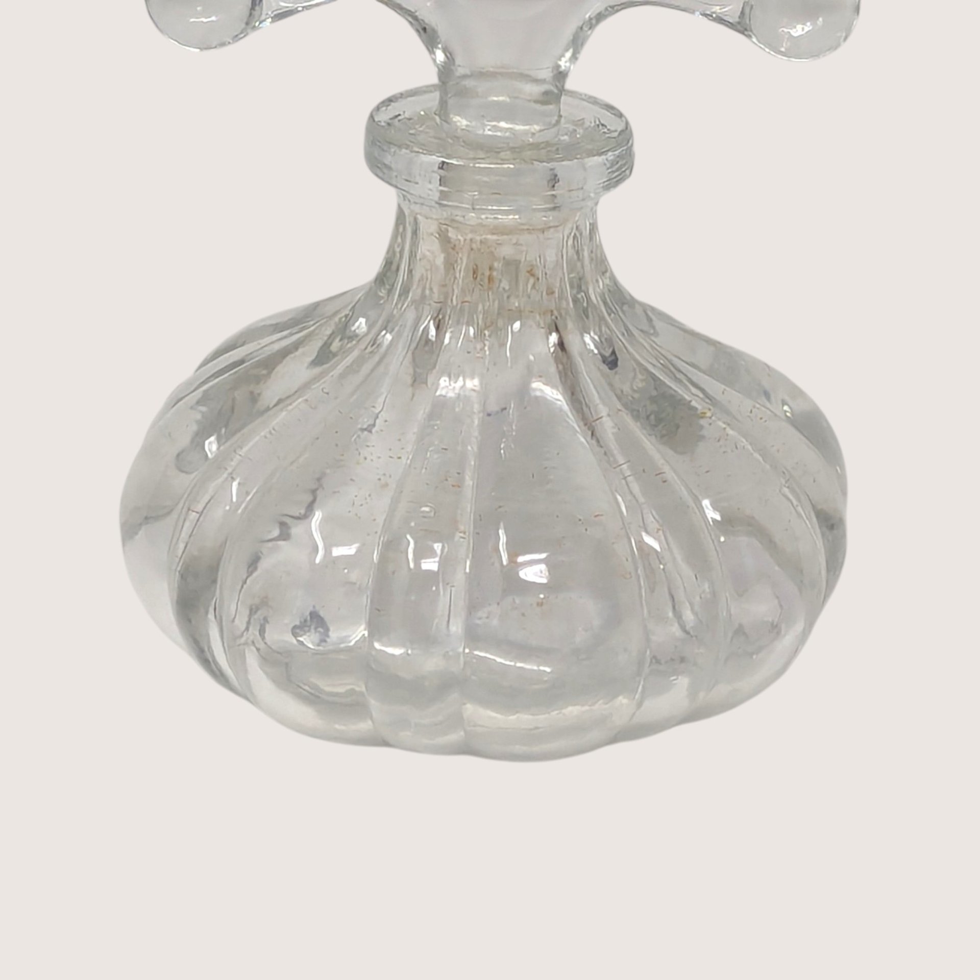 1960s Clear Glass Melon Perfume Bottle Beaded Fan Stopper
