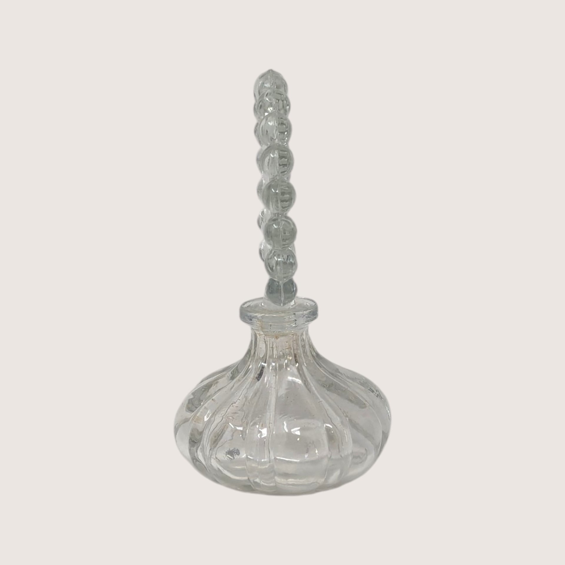 1960s Clear Glass Melon Perfume Bottle Beaded Fan Stopper