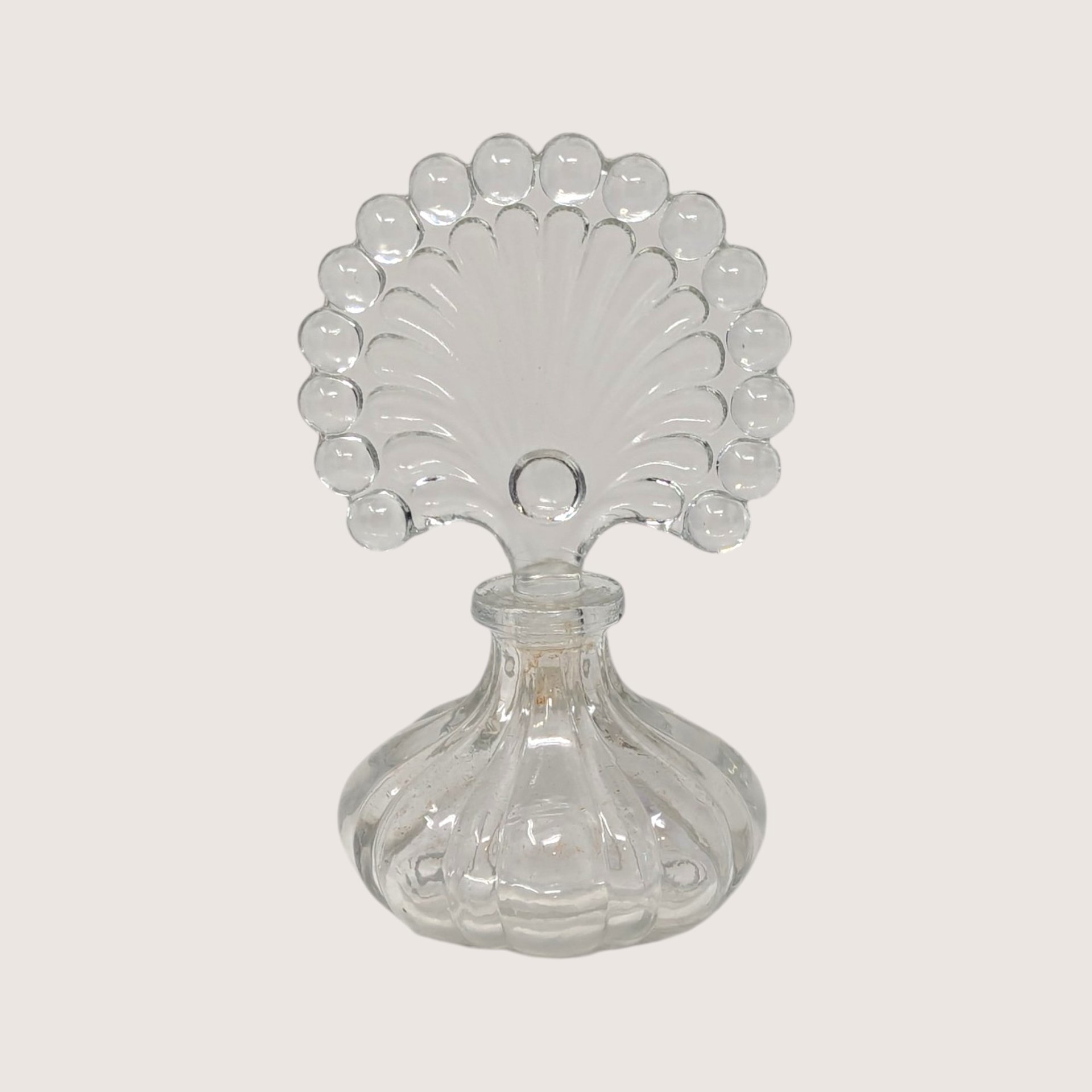 1960s Clear Glass Melon Perfume Bottle Beaded Fan Stopper