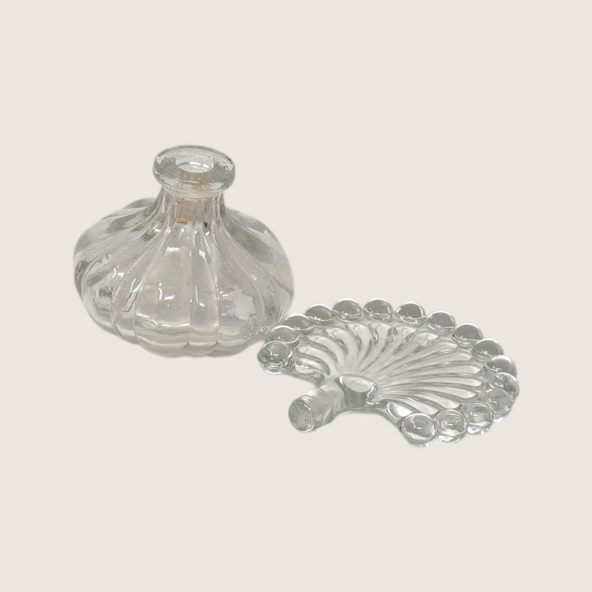 1960s Clear Glass Melon Perfume Bottle Beaded Fan Stopper