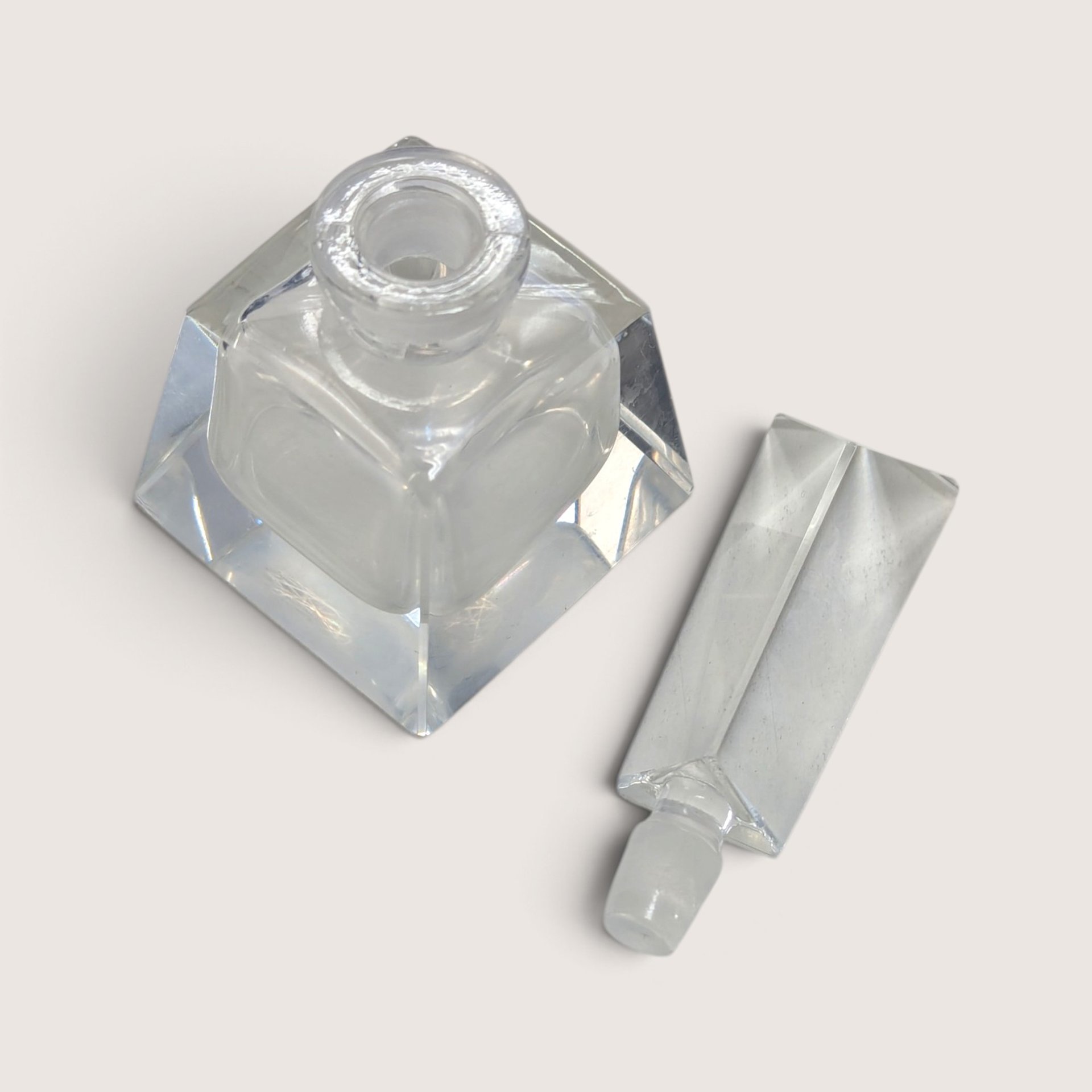 Vintage Clear Glass Geometric Perfume Bottle Faceted Stopper 