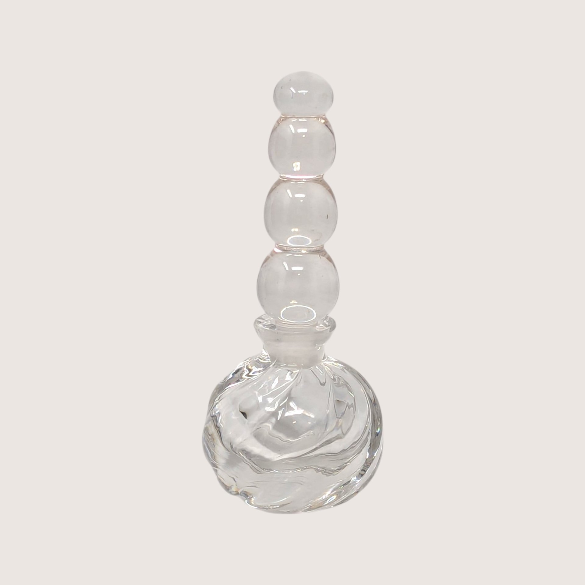1980s Clear Glass Swirl Modernist Perfume Bottle Stacked Ball Stopper