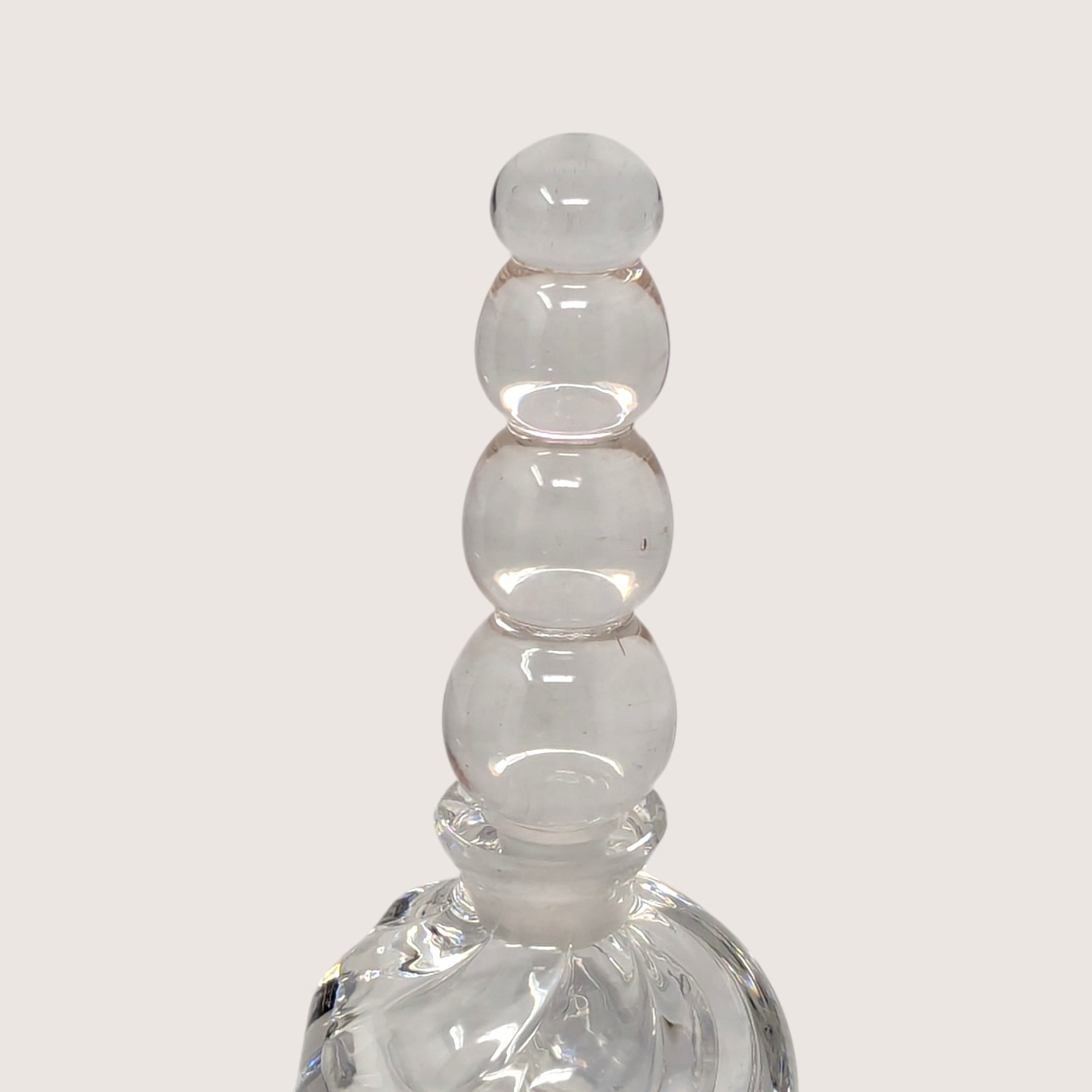 1980s Clear Glass Swirl Modernist Perfume Bottle Stacked Ball Stopper