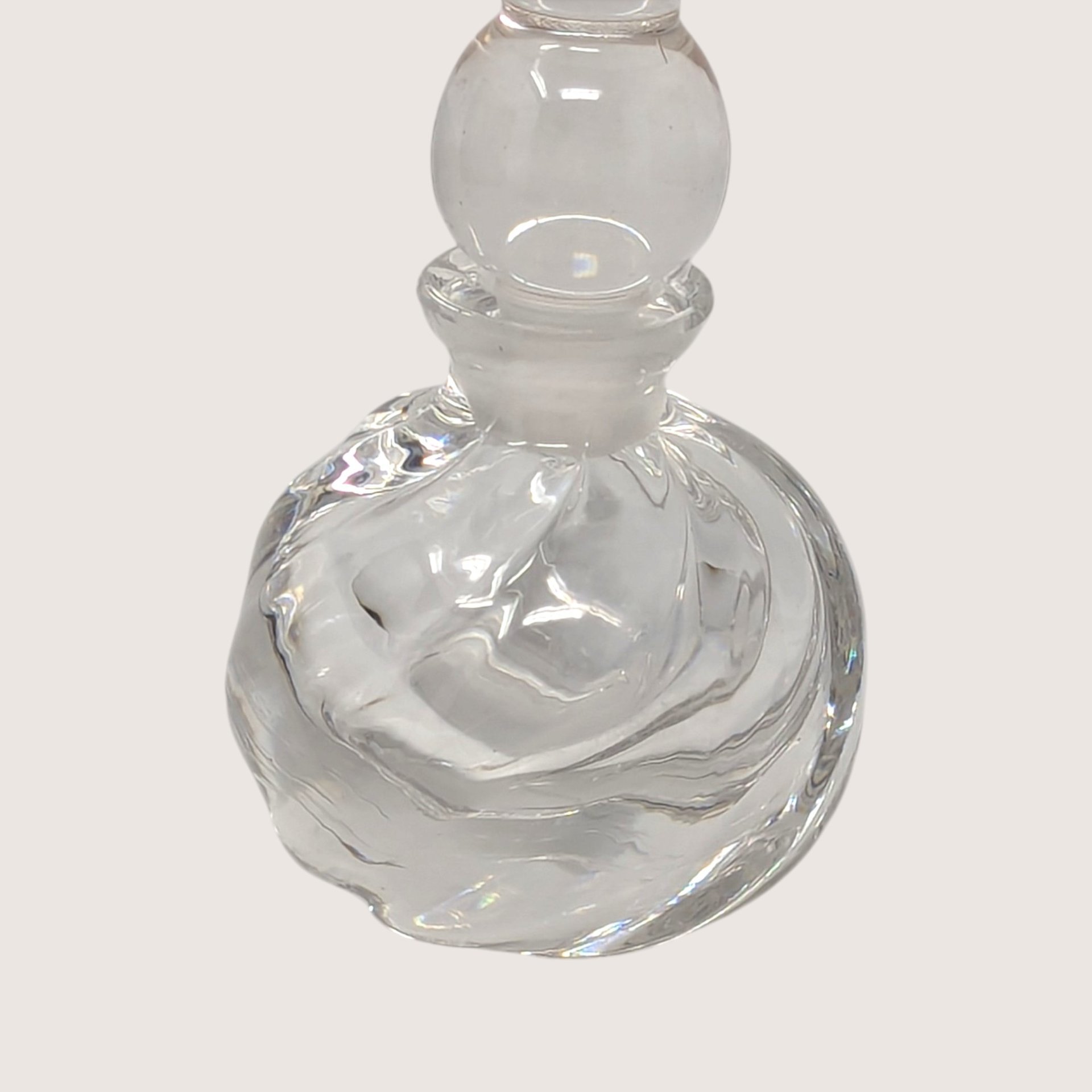 1980s Clear Glass Swirl Modernist Perfume Bottle Stacked Ball Stopper