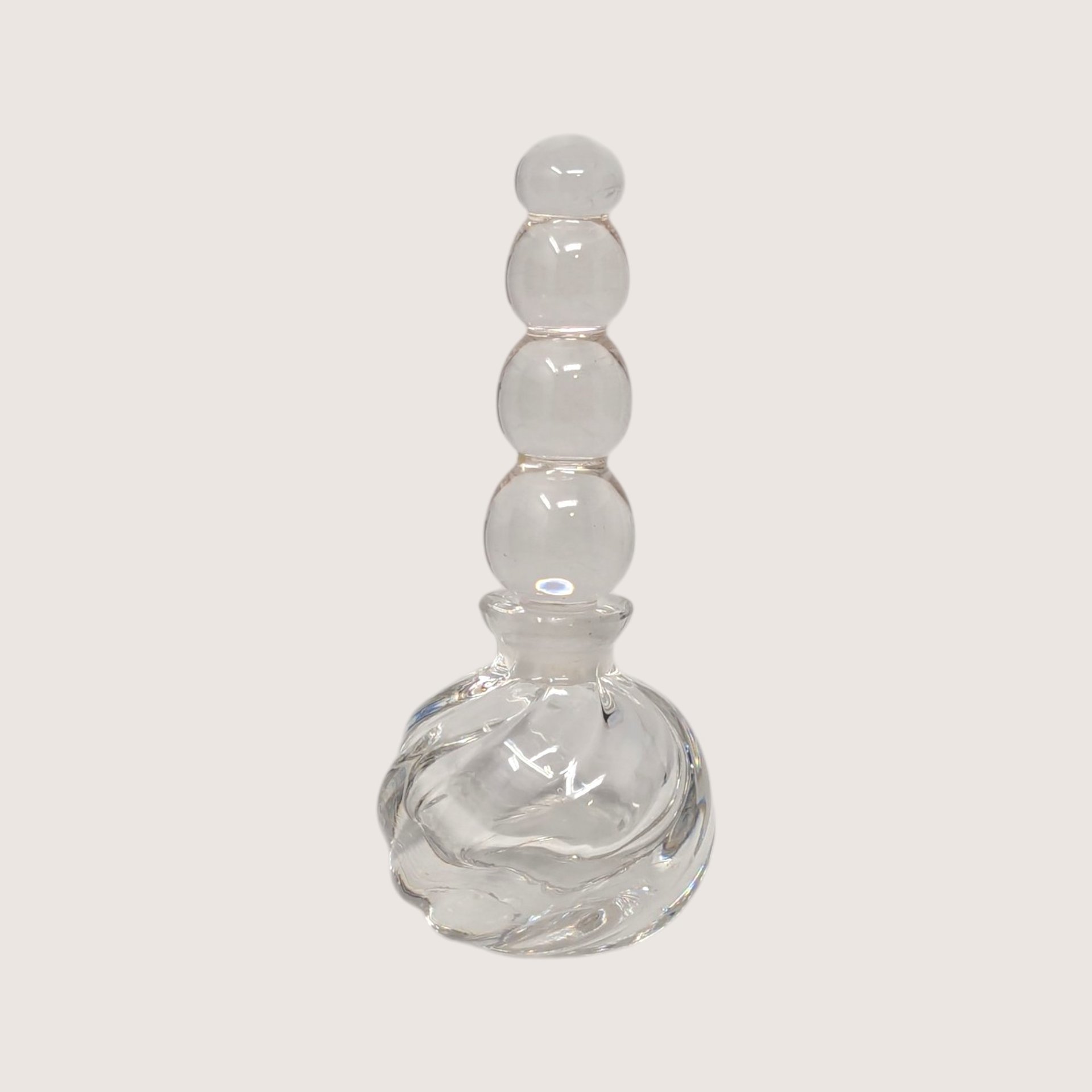 1980s Clear Glass Swirl Modernist Perfume Bottle Stacked Ball Stopper