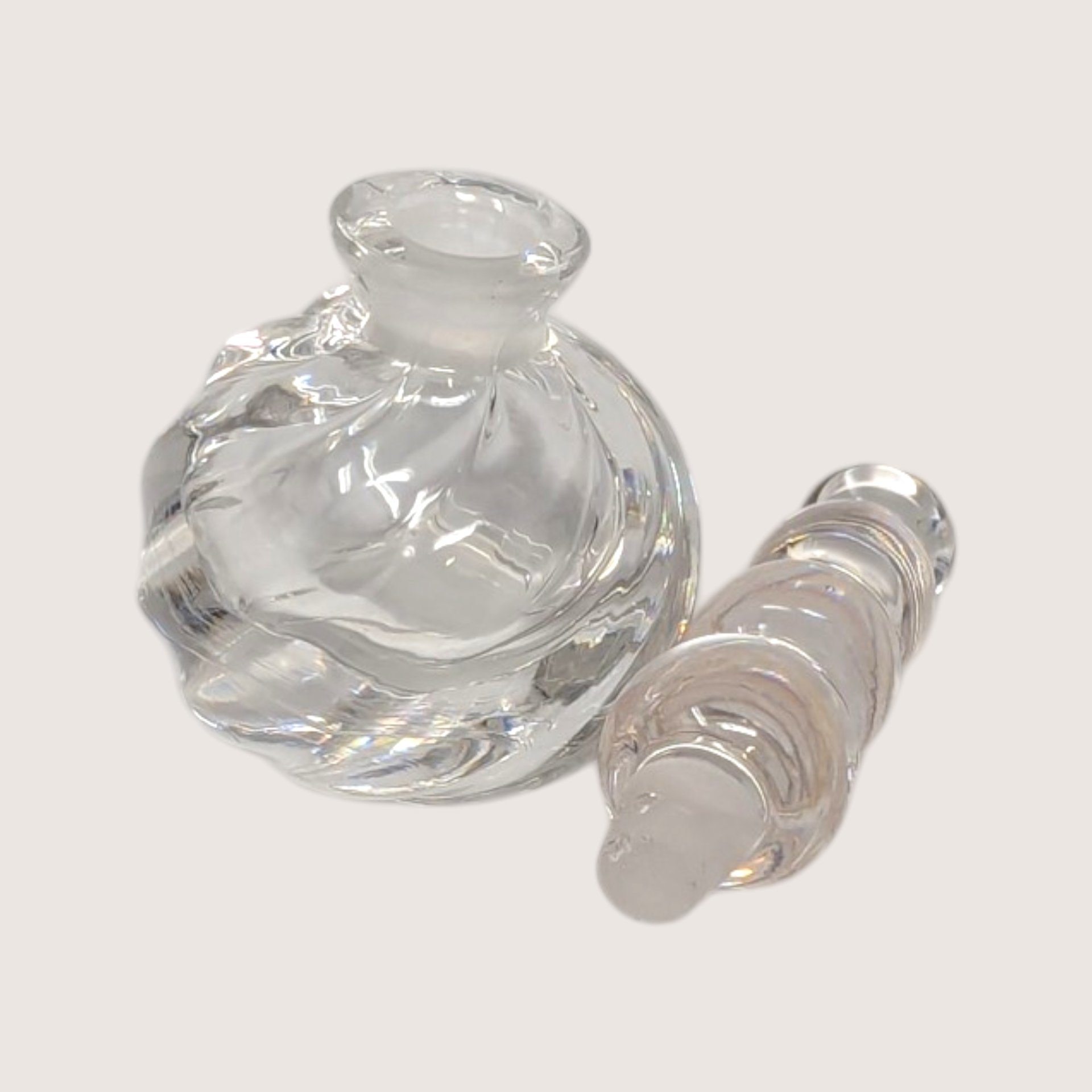 1980s Clear Glass Swirl Modernist Perfume Bottle Stacked Ball Stopper