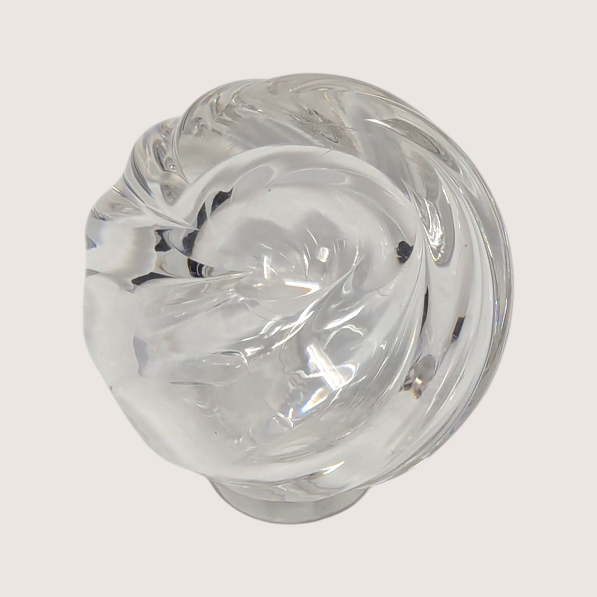 1980s Clear Glass Swirl Modernist Perfume Bottle Stacked Ball Stopper