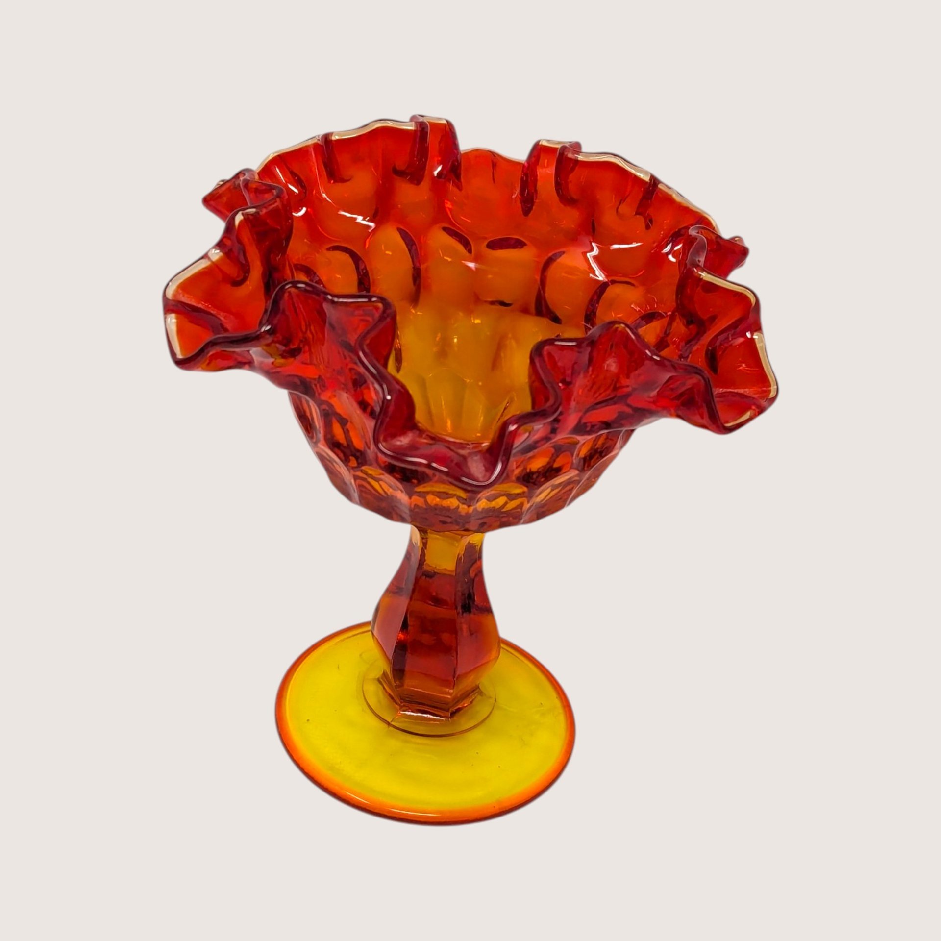 1960s Fenton Amberina Glass Ruffled Thumbprint Pedestal Compote