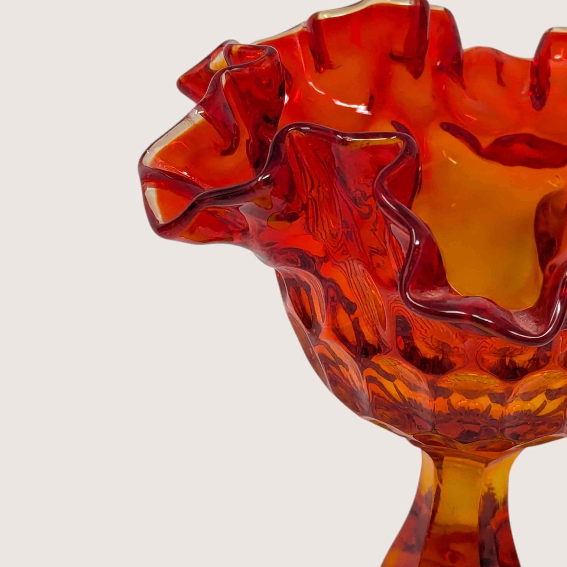 1960s Fenton Amberina Glass Ruffled Thumbprint Pedestal Compote