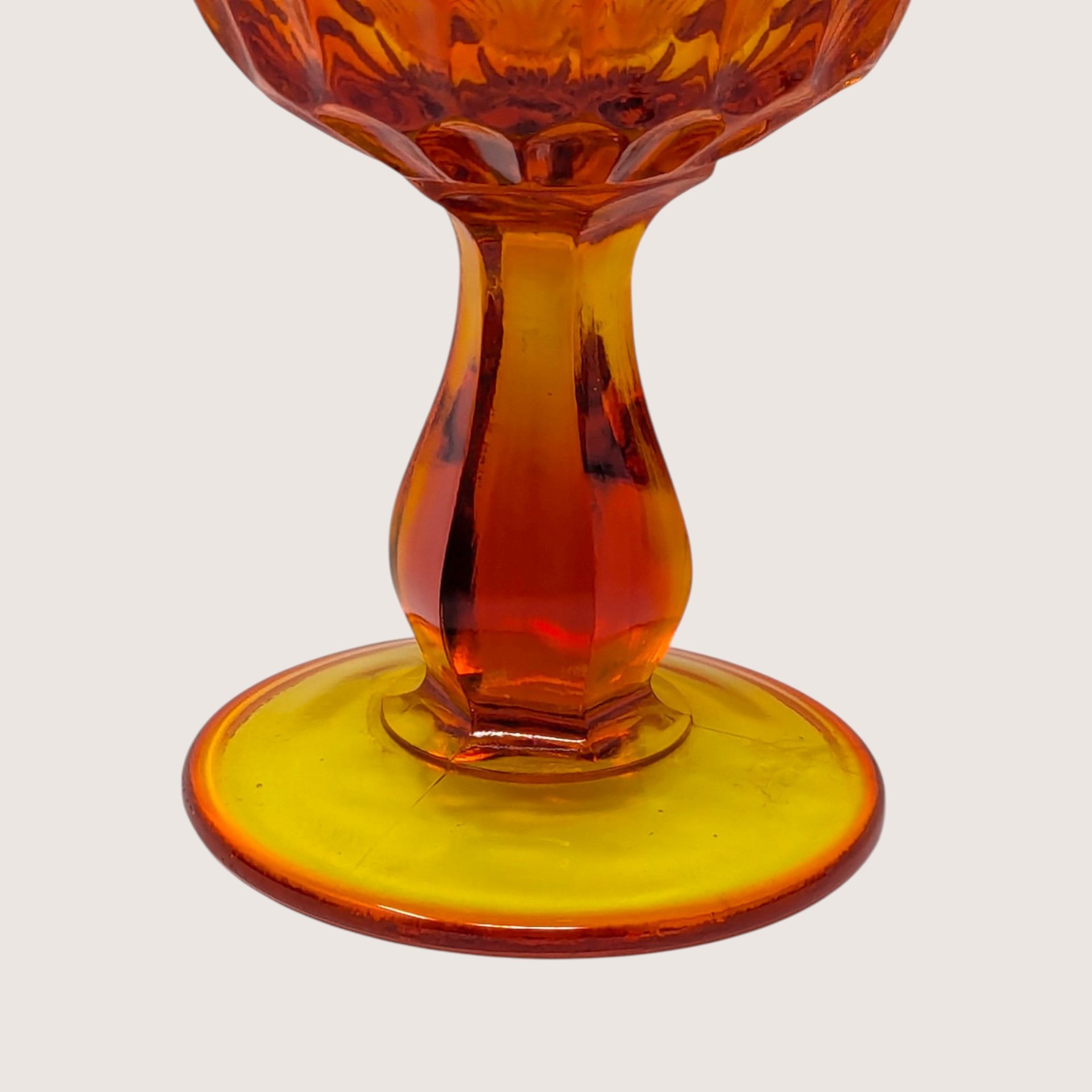 1960s Fenton Amberina Glass Ruffled Thumbprint Pedestal Compote