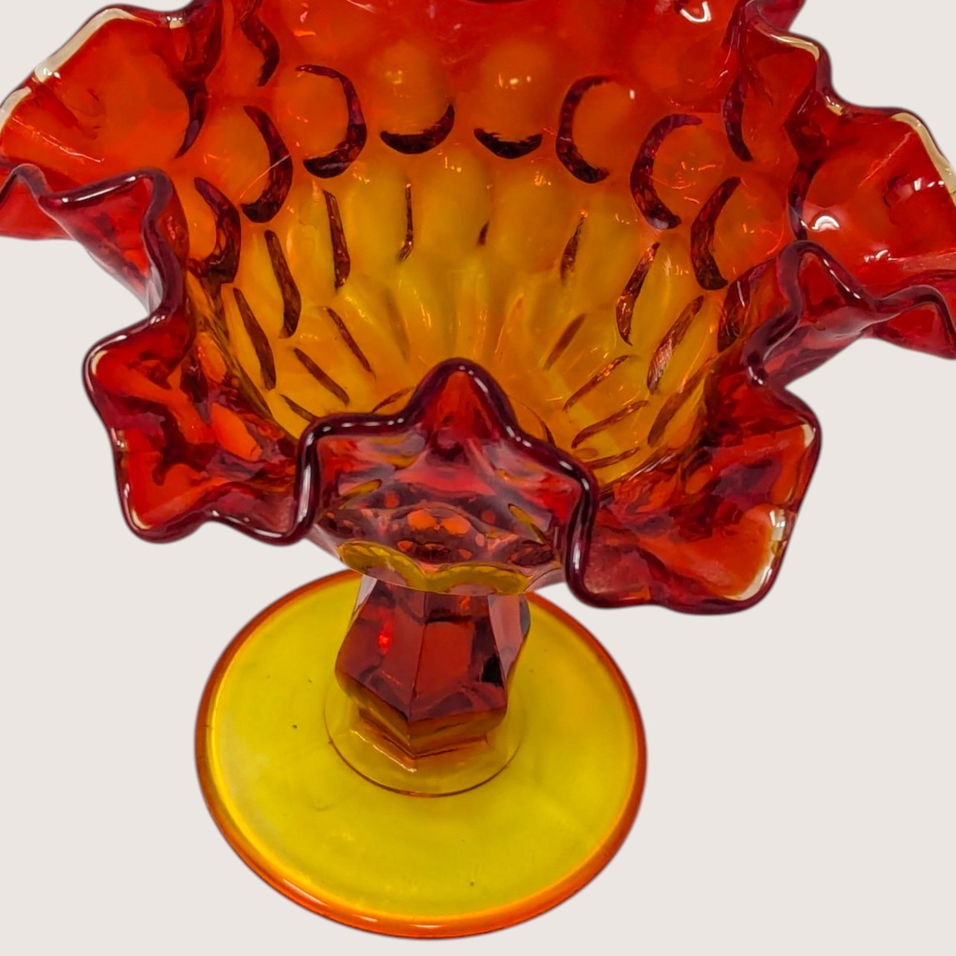 1960s Fenton Amberina Glass Ruffled Thumbprint Pedestal Compote