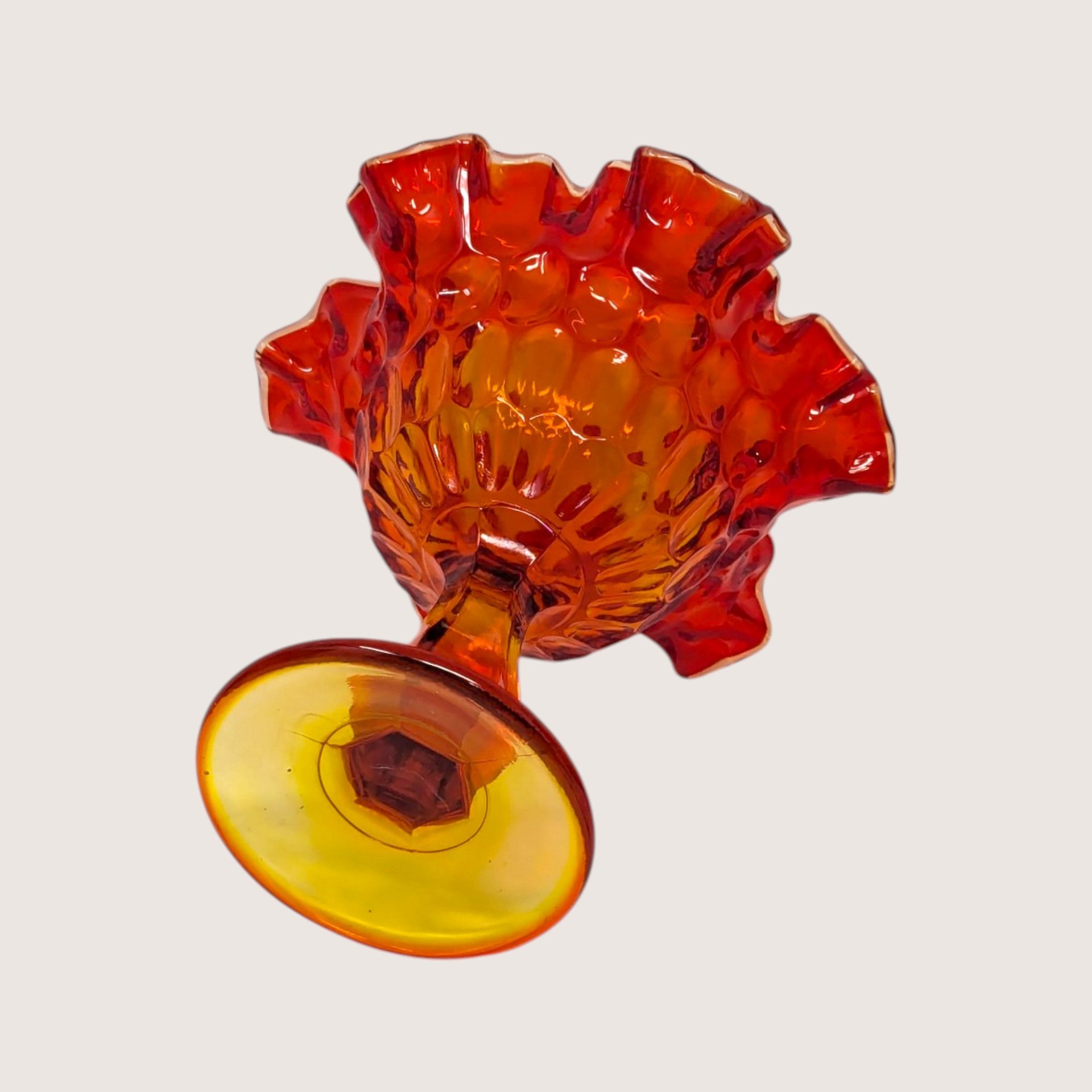 1960s Fenton Amberina Glass Ruffled Thumbprint Pedestal Compote