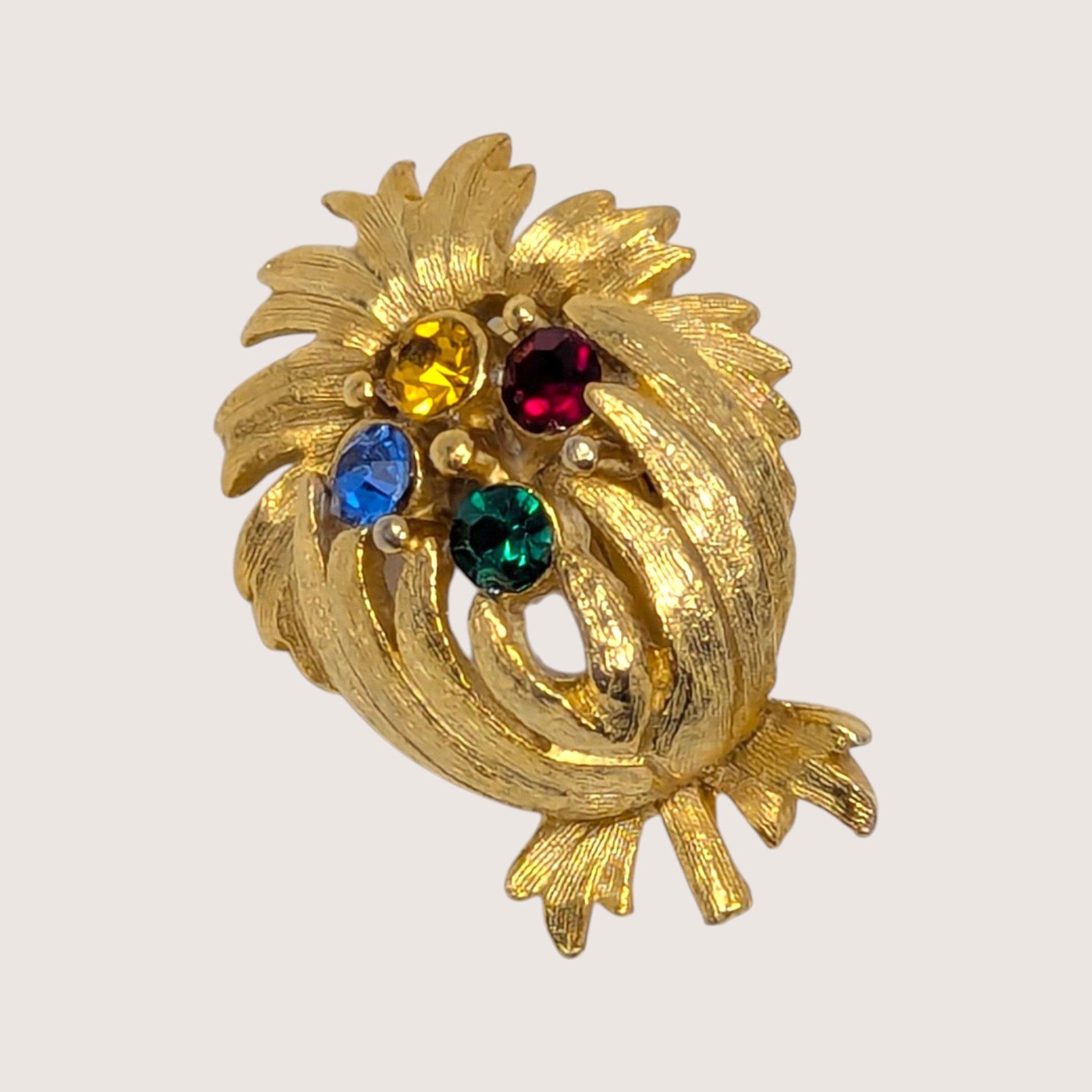 1970s Textured Gold Tone Multicolor Rhinestone Thistle Clip On Earrings