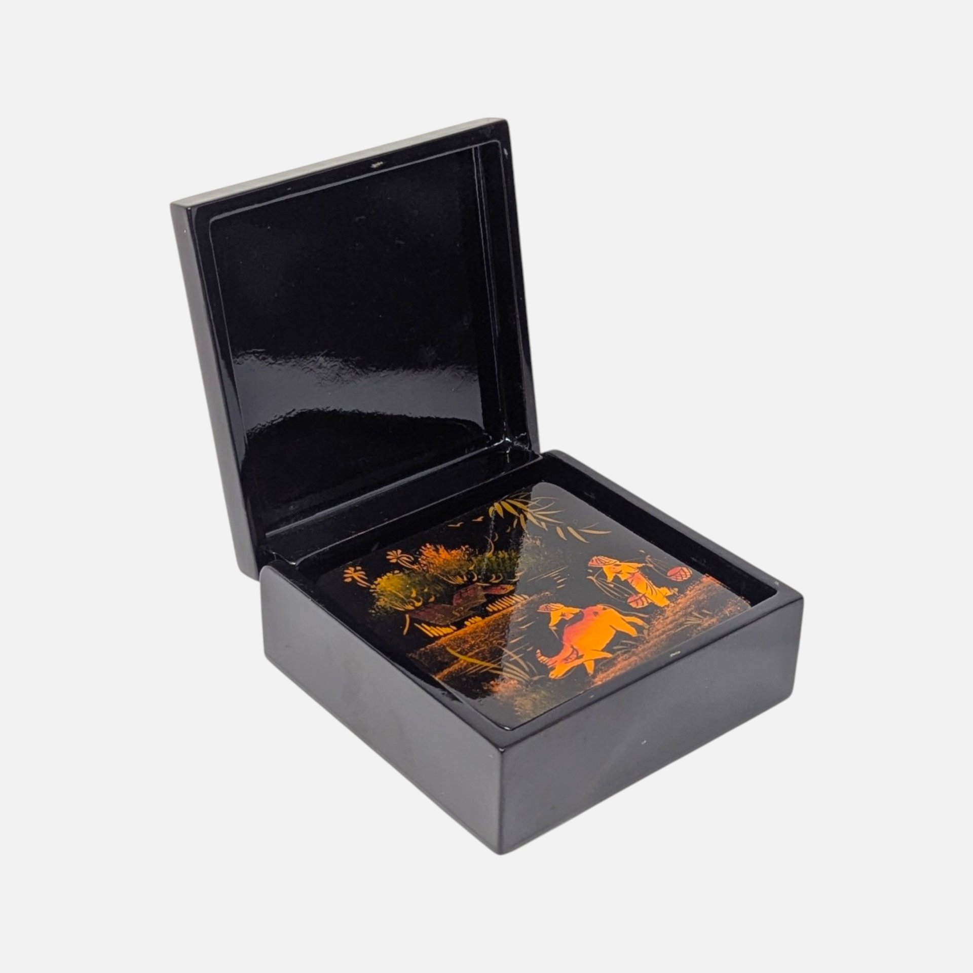 Vintage Asian Lacquer Coaster Set With Storage Box