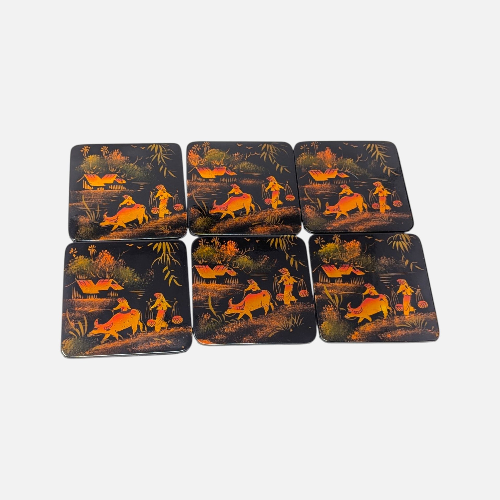 Vintage Asian Lacquer Coaster Set With Storage Box