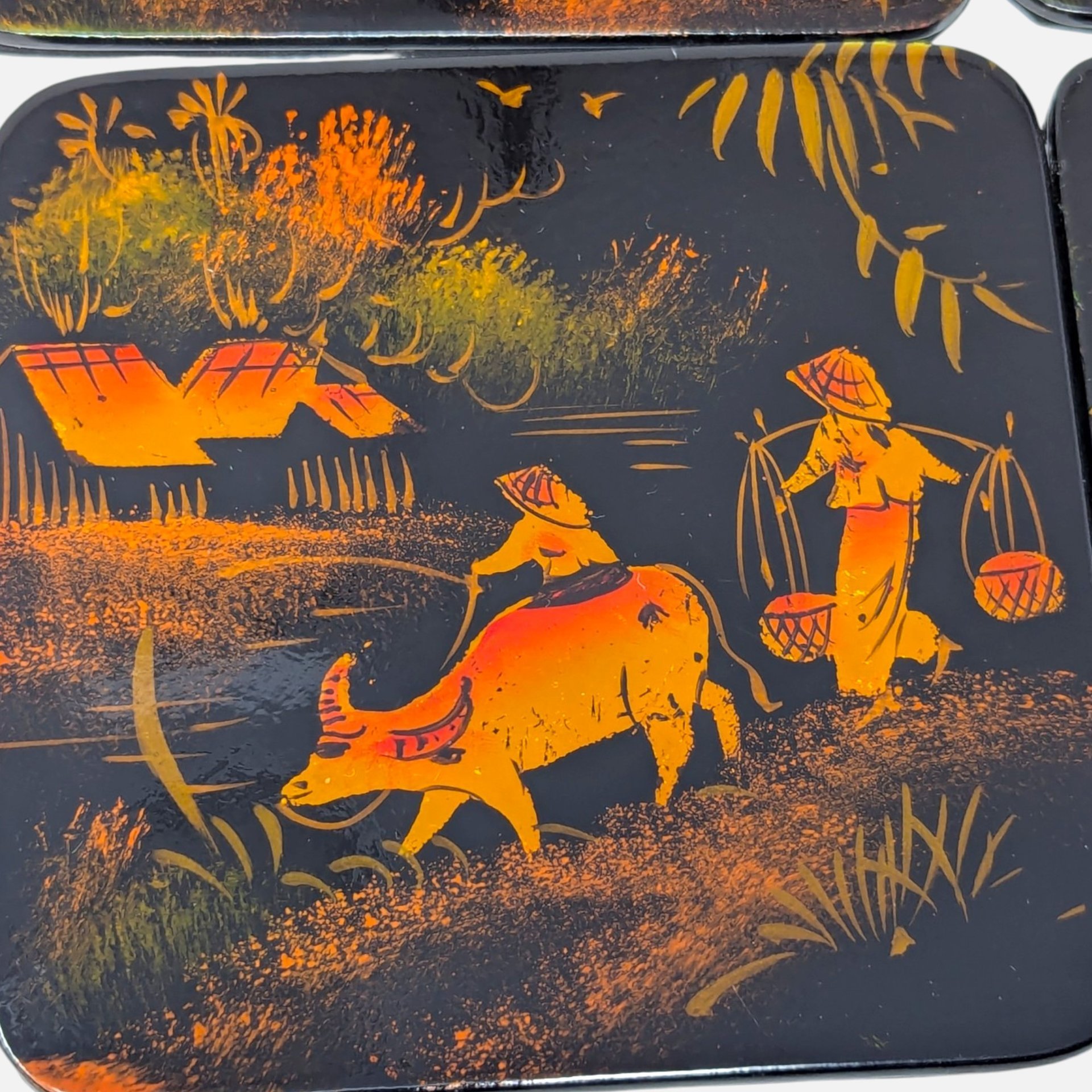 Vintage Asian Lacquer Coaster Set With Storage Box