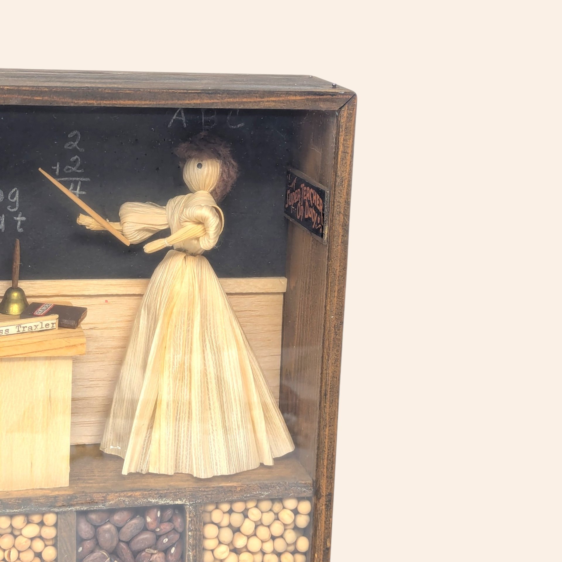 Vintage Corn Husk Doll Shadow Box Folk Art Schoolroom Scene