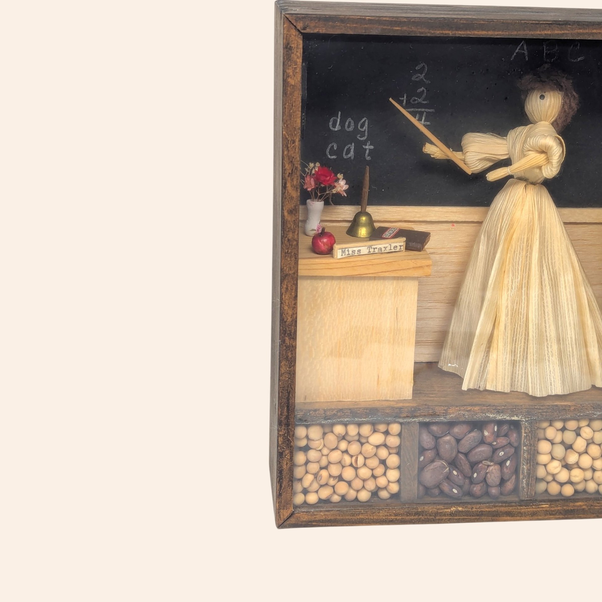 Vintage Corn Husk Doll Shadow Box Folk Art Schoolroom Scene