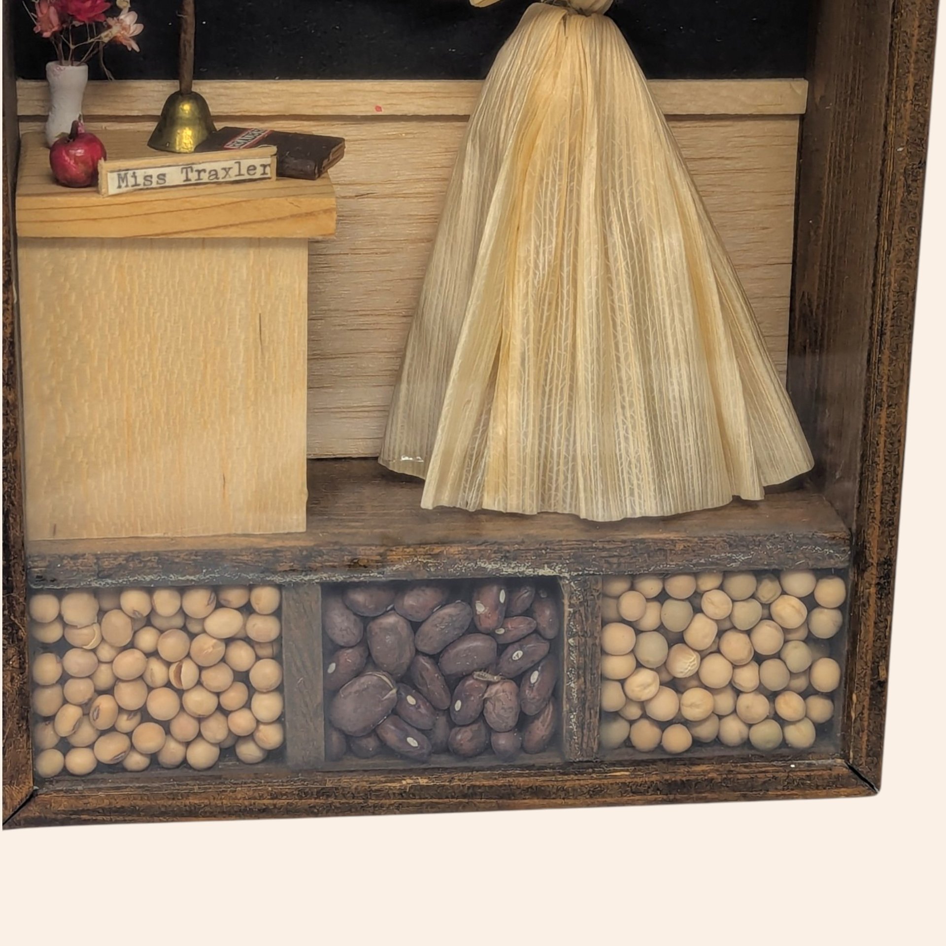 Vintage Corn Husk Doll Shadow Box Folk Art Schoolroom Scene