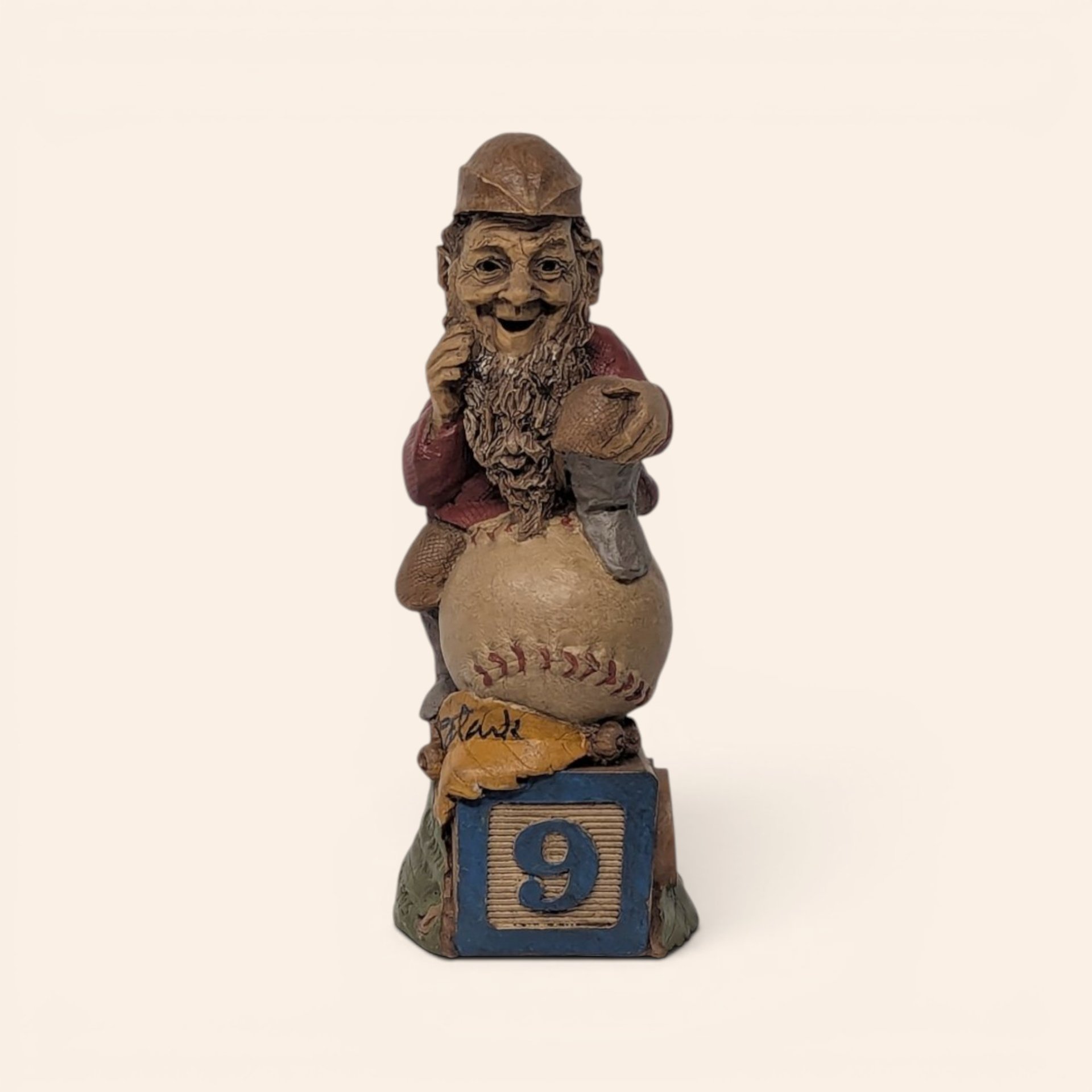 Vintage signed Tom Clark "Nine" figurine featuring a gnome sitting on a baseball atop a toy block numbered nine.